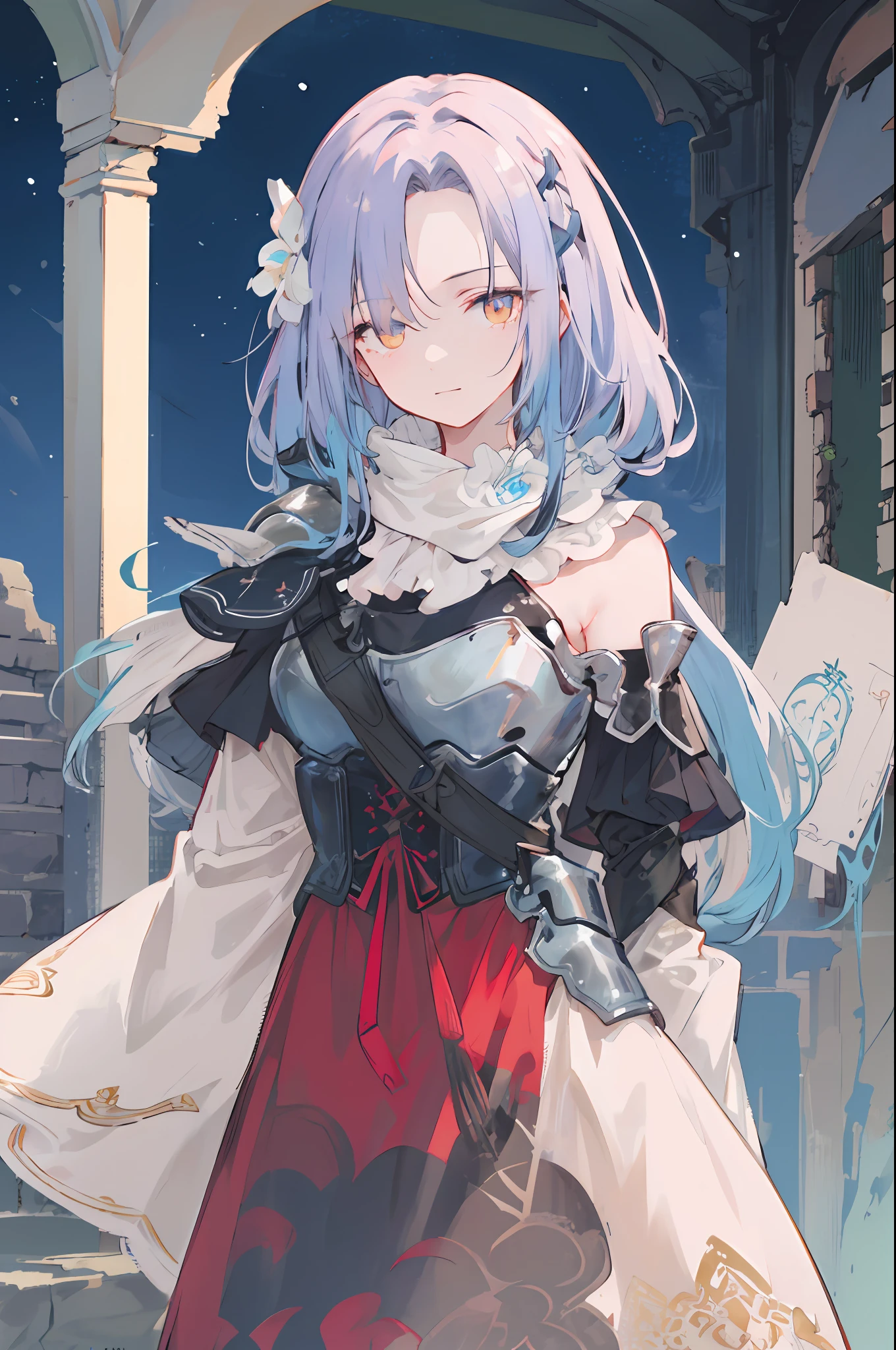 HighestQuali、intrincate detail、8K、4 k''、A high resolution、intrincate detail、Long-haired knight girl with blue hair、Upper body is shown、Stone ruins、fighting against an enemy、(Fantasy world）、Night、Dim、