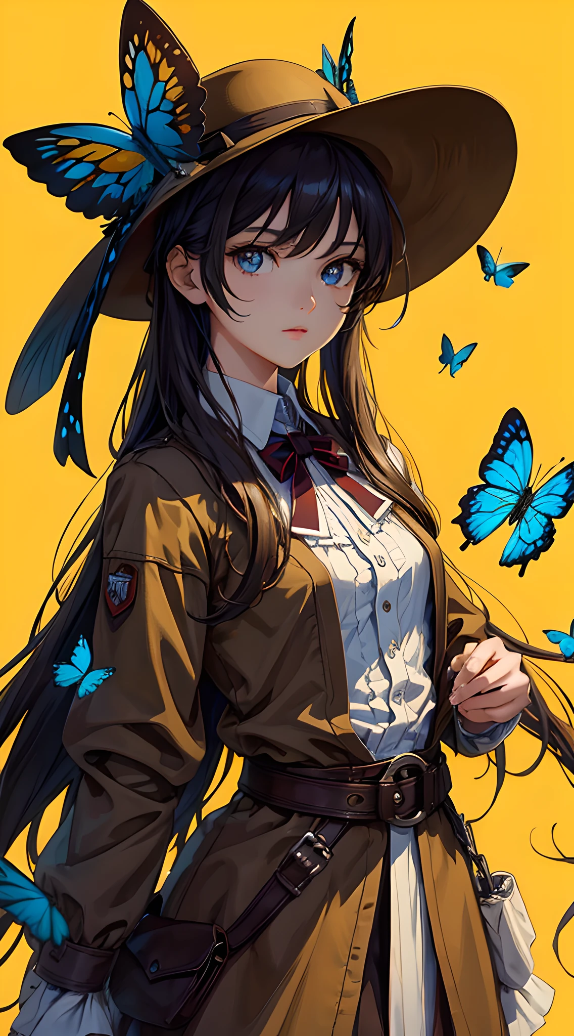 (masterpiece, best quality:1.3), outdoor, cowboy shot, brown clothing, (delicate girl, looking at viewer, 8k, 85mm portrait, official art, raw photo, absurdres, cinch waist:0.8), (facelight, clear lighting, sharp focus, HDR, dynamic lighting, highest detailed, extreme detailed, ultra detailed, finely detail:0.8), blue butterfly, delicate facial features, detailed face and eyes, sharp pupils, realistic pupils, backlight, (simple background, yellow background:1.4)