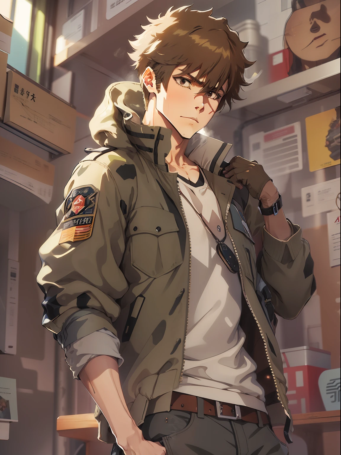 animesque。Male style image。Genkamikaze。Beautiful youth。Brown shorthair。thief。Brown flight jacket。Pixiv Art Station。Delicate boy。male people。Tall。pixiv fanbox。