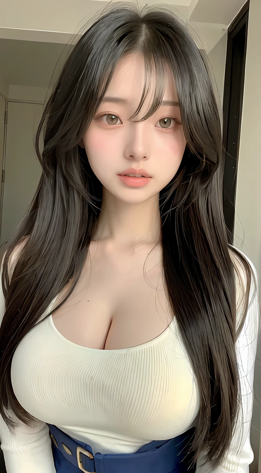 perfect figure beautiful woman：1.4，Layered Hair Style，Protruding cleavage：1.2，Japanese high school girls' uniform：1.5，Highly Detailed Face and Skin Textur，double eyelid，Whiten the skin，long whitr hair