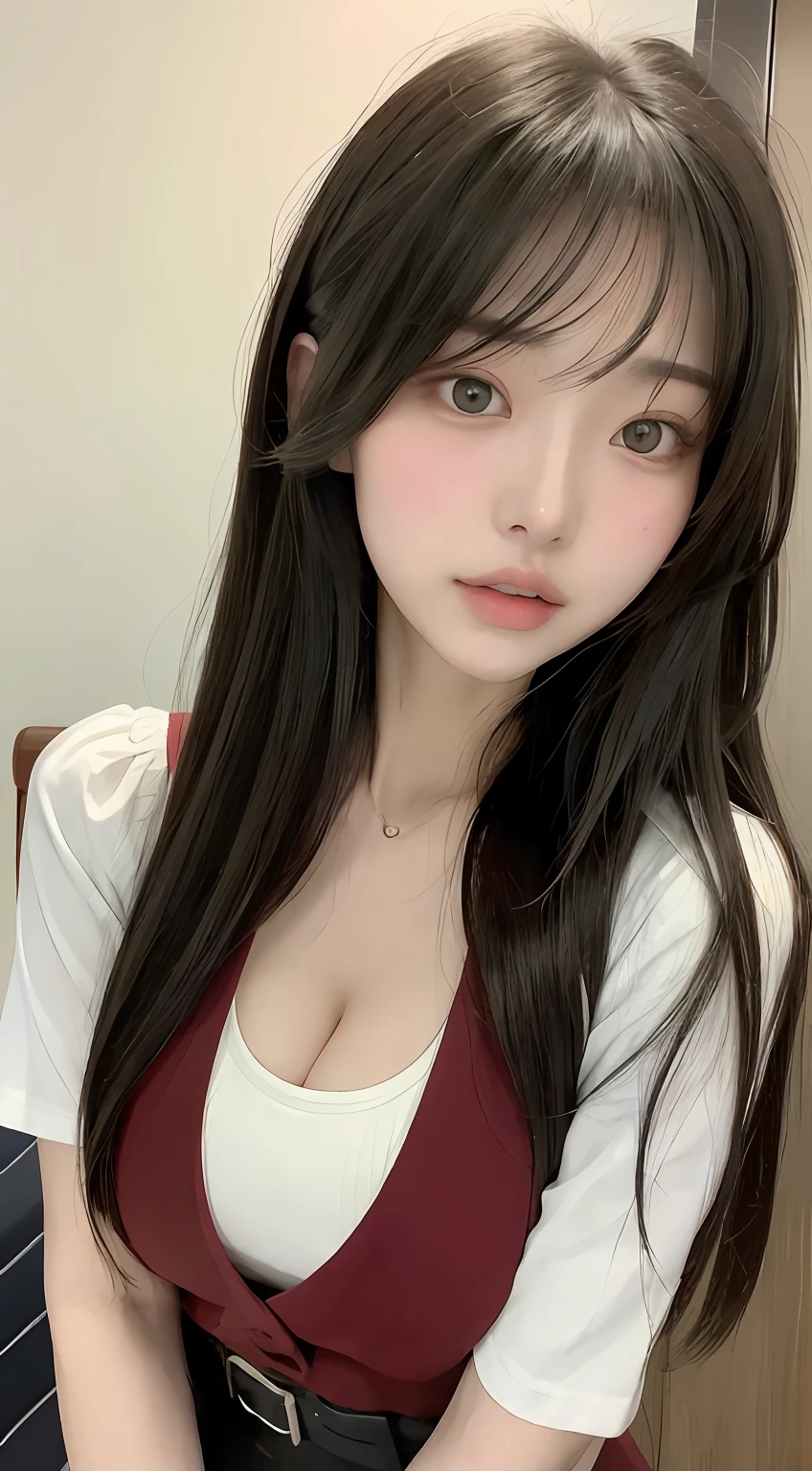 perfect figure beautiful woman：1.4，Layered Hair Style，Protruding cleavage：1.2，Japanese high school girls' uniform：1.5，Highly Detailed Face and Skin Textur，double eyelid，Whiten the skin，long whitr hair