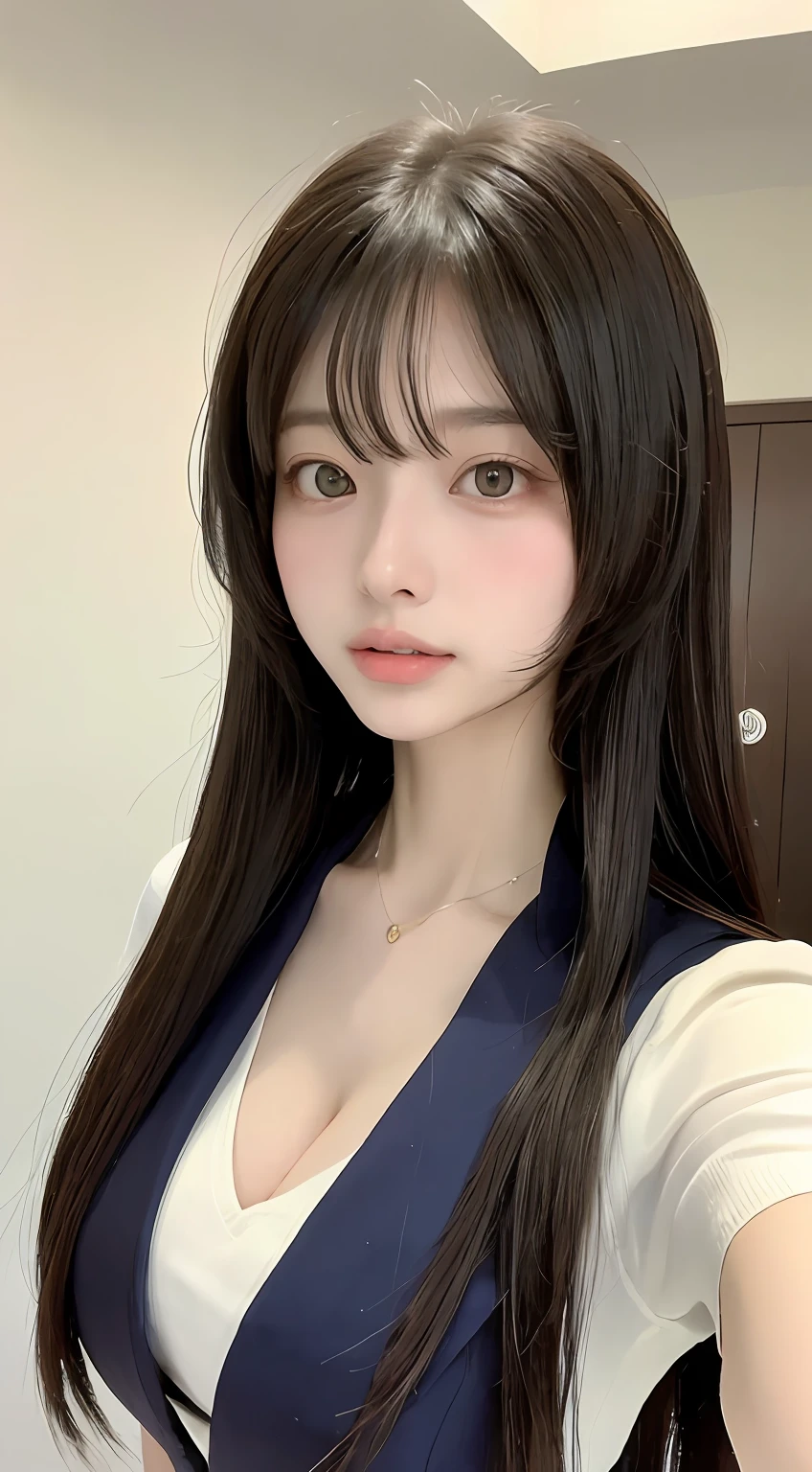 perfect figure beautiful woman：1.4，Layered Hair Style，Protruding cleavage：1.2，Japanese high school girls' uniform：1.5，Highly Detailed Face and Skin Textur，二重まぶた，Whiten the skin，long whitr hair