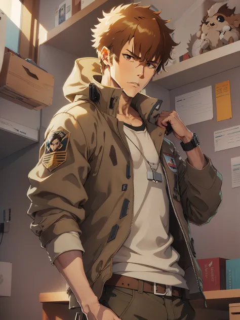 animesque。Male style images。Genkamikaze。Beautiful Youth。Brown Shorthair。thief。Brown flight jacket。pixiv Art Station。Delicate boy...