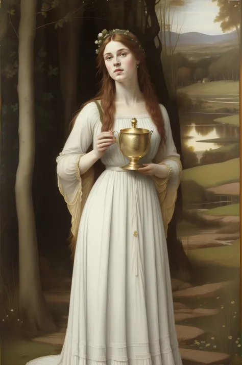 (((pre-raphaelite painting))), salgueiro, salgueiro emaranhado, marsh, paisagem celta, ophelia in flowing white clothes holds a ...