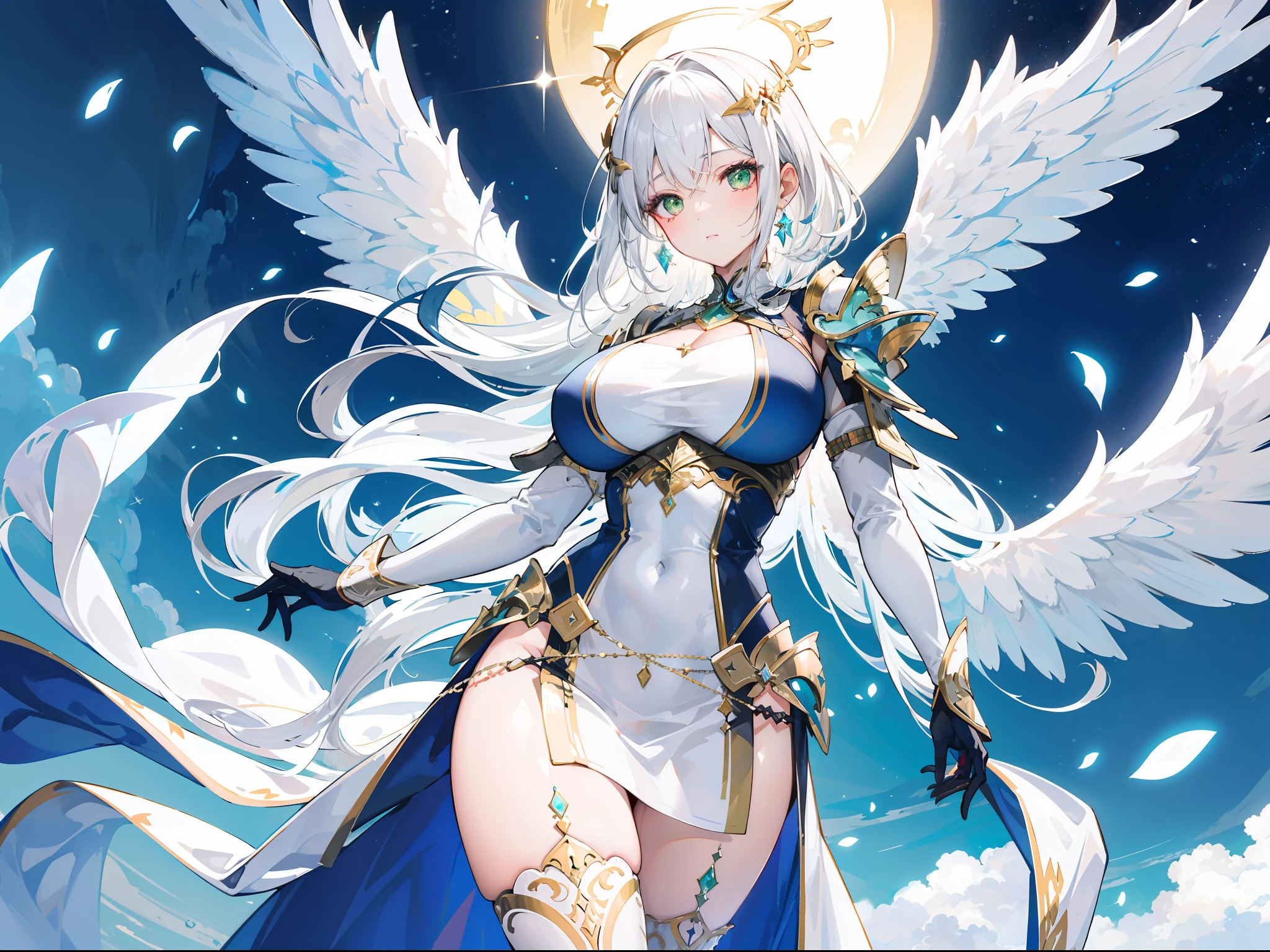 "Generate a graceful woman with green eyes and radiant white hair, soaring through the skies with 2 beautiful huge wings. She is dressed in sexy armor and is surrounded by a radiant white halo. She is an angel"