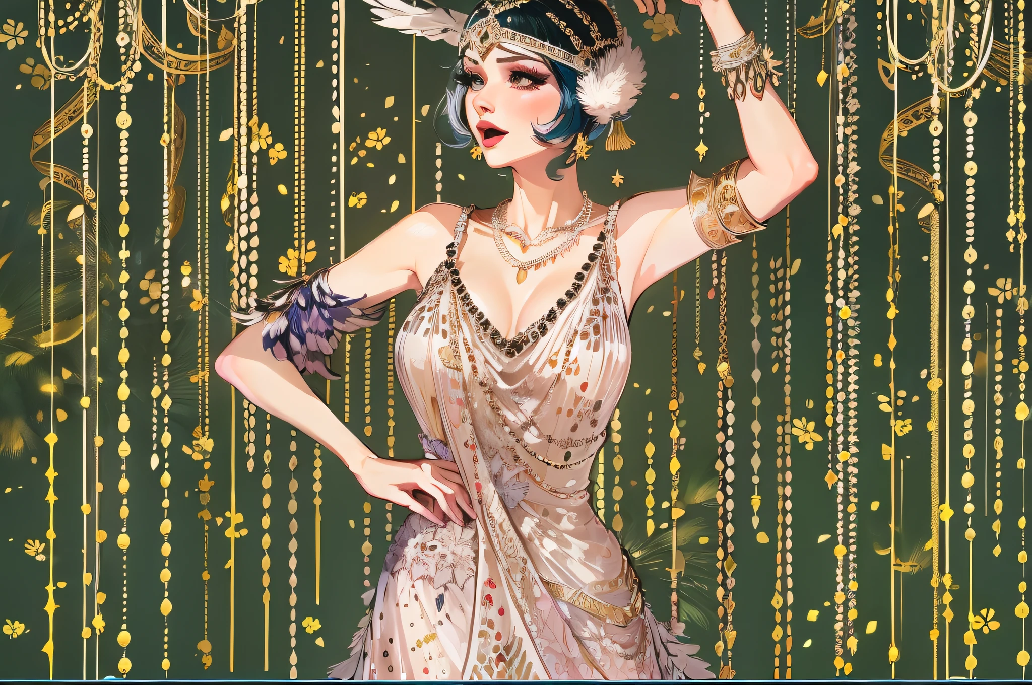 lwsh, illustration of a cute woman, dancing Glamorous Gatsby, A beaded and sequined flapper-style dress with a dropped waistline, accessorized with a feathered headband and long beaded necklace