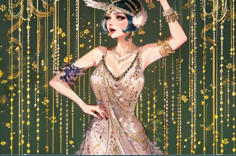 lwsh, illustration of a cute woman, dancing Glamorous Gatsby, A beaded and sequined flapper-style dress with a dropped waistline...