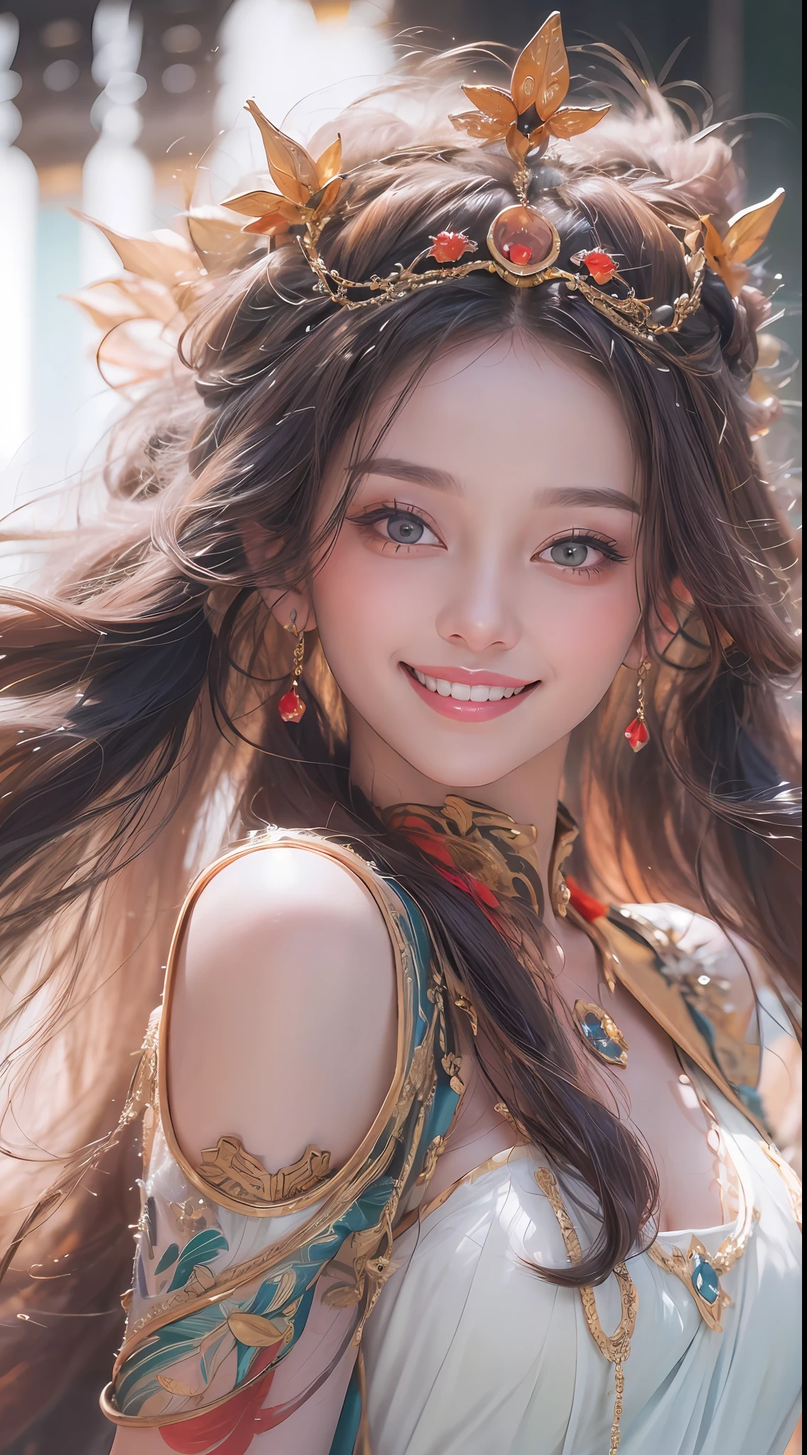 portrait of a beautiful 20-year-old saintess, wearing a thin multicolored silk dress, beautiful face, ((((smile:1.6))), ((7-color long hair:1.2)), big fitting crown, hair brooch, hanfu dress, chinese ancient style, full body jewelry, forehead tattoo, super regular breasts, face, finely detailed red lips, thin and detailed eyes ((white and even teeth: 1.8))), the goddess' skin is smooth and white, rosy, cinematic, light and dark, dramatic light, magic light, extremely detailed light, true color, super sharp, realistic, 8k quality, fantasy universe background, saintess and magic space, the most detailed image,