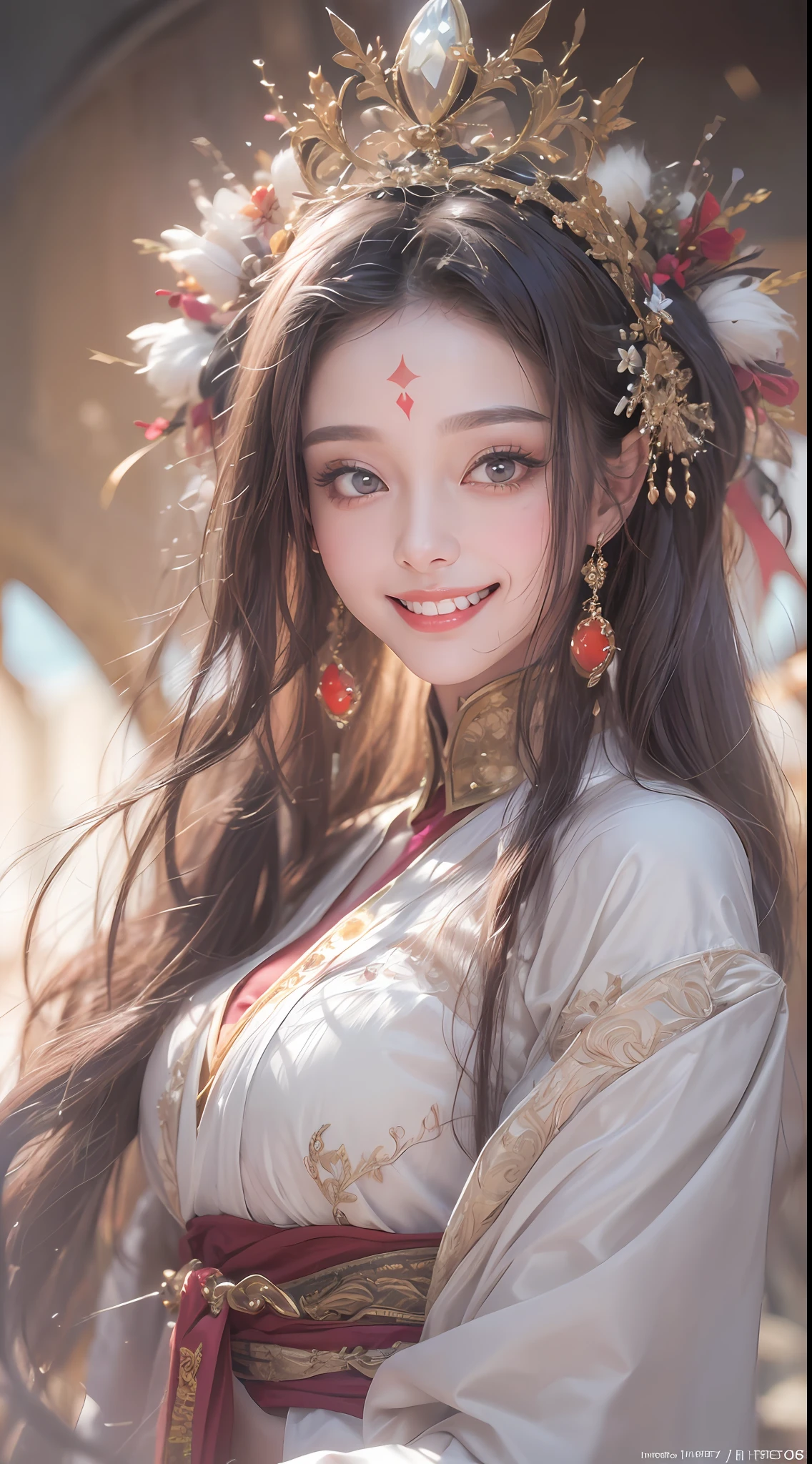 retrato de uma linda santa de 20 anos, usando um vestido fino de seda multicolorida, beautiful Face, ((((sorriso:1.6))), ((Cabelos longos de 7 cores:1.2)), coroa de encaixe grande, broche de cabelo, vestido hanfu, Estilo antigo chinês, jóias de corpo inteiro, tatuagem na testa, seios super regulares, Face, lábios vermelhos finamente detalhados, olhos finos e detalhados ((dentes brancos e uniformes: 1.8))), a pele da deusa é lisa e branca, rosado, cinematic, claro e escuro, Luz dramática, luz mágica, luz extremamente detalhada, Cor Verdadeira, super afiado, realista, Qualidade 8k, Fundo do universo de fantasia, santa e espaço mágico, a imagem mais detalhada,