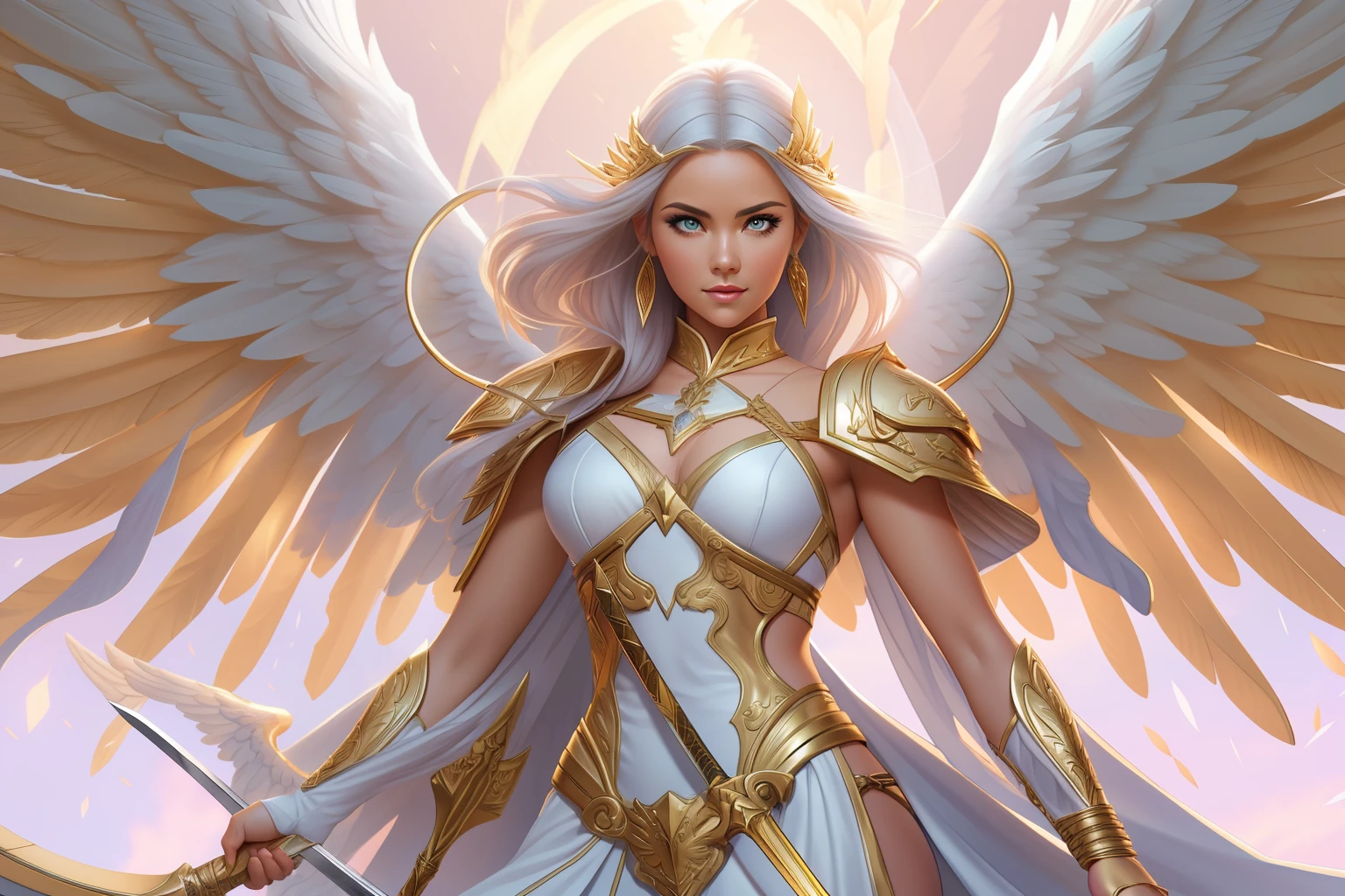 a close up of a woman with a sword and wings, extremely detailed artgerm, of beautiful angel, full - body majestic angel, goddess of light, ig model | artgerm, artgerm lau, artgerm on artstation pixiv, golden goddess athena, angel knight girl, beautiful female angel, as a mystical valkyrie