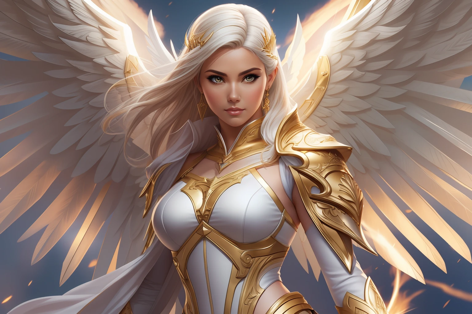 a close up of a woman with a sword and wings, extremely detailed artgerm, of beautiful angel, full - body majestic angel, goddess of light, ig model | artgerm, artgerm lau, artgerm on artstation pixiv, golden goddess athena, angel knight girl, beautiful female angel, as a mystical valkyrie