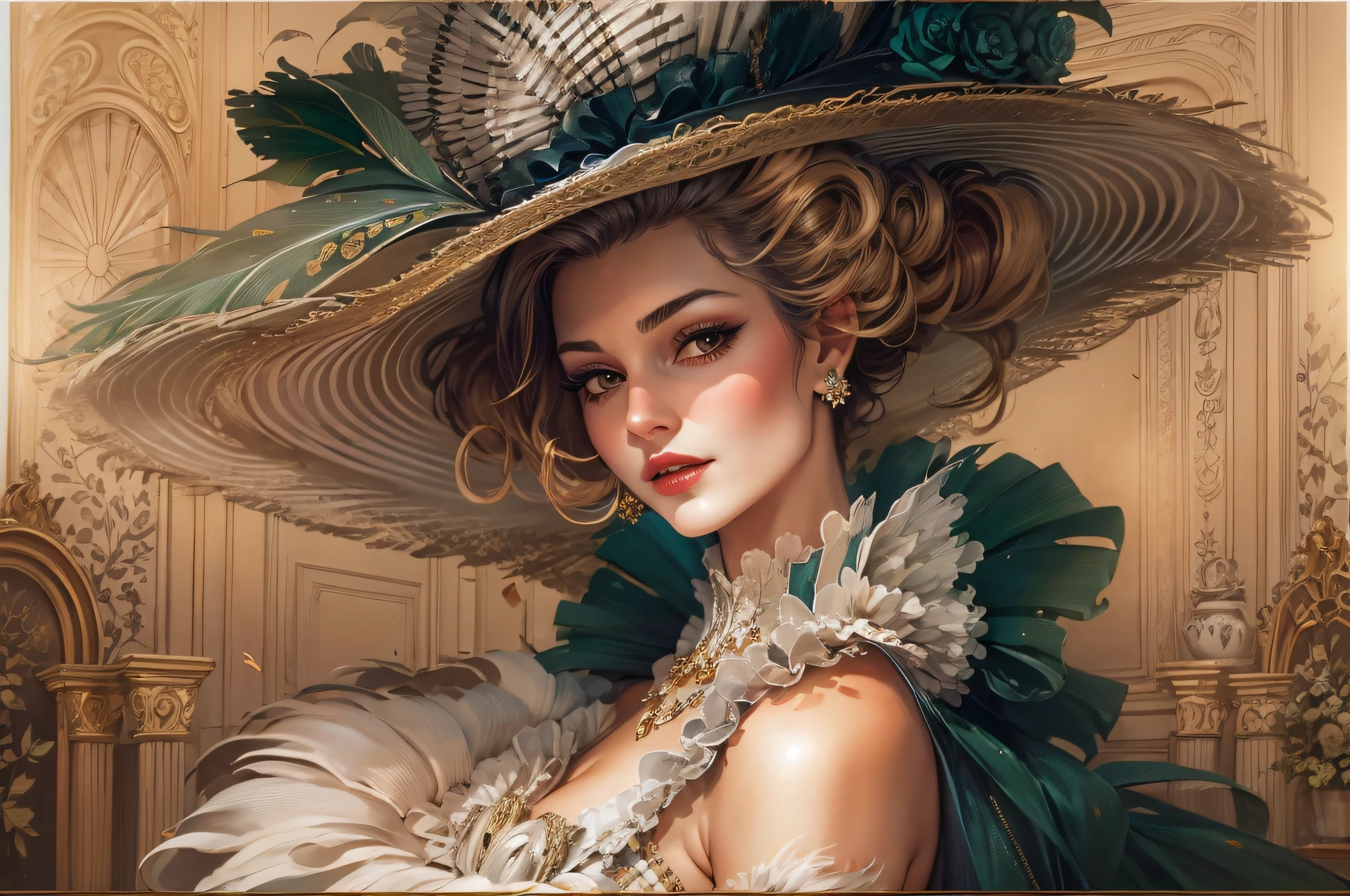 lwsh, illustration of a cute woman, The Moulin Rouge Marquise, An opulent gown with a corseted bodice, ruffled tiers of fabric, and a grand feathered hat, exuding aristocratic glamour