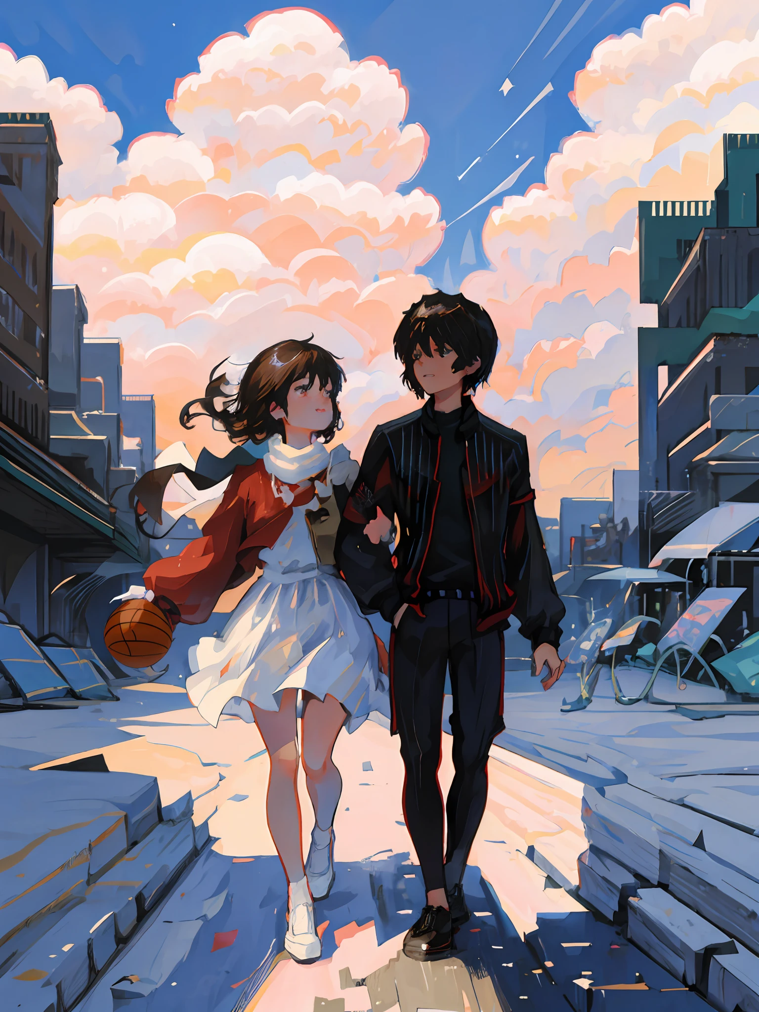 Anime couple in the sky background field, two guys，Anime Cloud, Guweiz e Makoto Shinkai, sakimichan and makoto shinkai, in the style of makoto shinkai, beautifull puffy clouds. Anime, Fiona Staples e Makoto Shinkai, Makoto Shinkai and Artgerm, High-quality fanart, happy clouds behind，Delicate and warm light and shadow，the setting sun，basketball playground，having fun，blissful，high high quality，The noblewoman's nerves have not weakened for a long time，High neck to keep warm，The boy has dark eyes, brown bangs, Tawny skin, Wear a basketball uniform with red and white stripes，Girl in black suit，looking at viewert，than scissorhands，