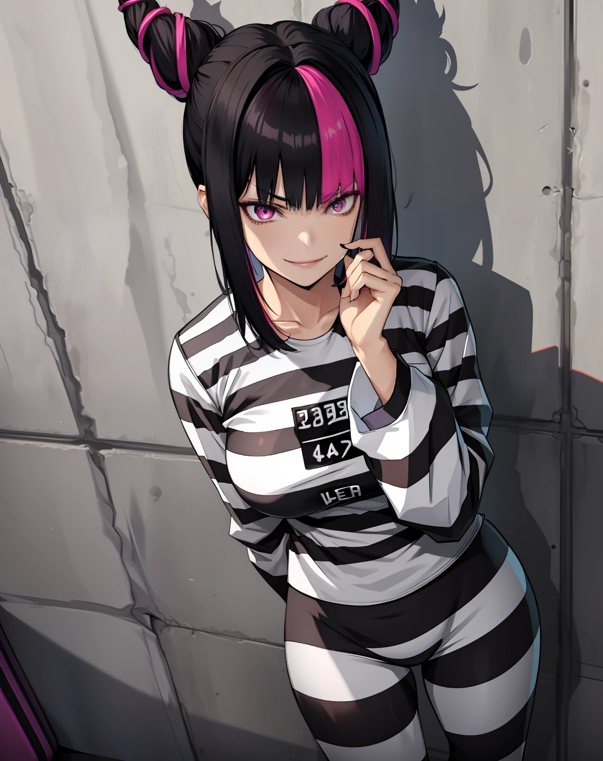 masterpiece, best quality, 1girl, JuriMS, hair horns, multicolored hair, bangs,sadistic smile, seductive look, priclothes, striped clothes, prisoner, clothes, clothing, outfit, pants, long sleeves, blue strpes