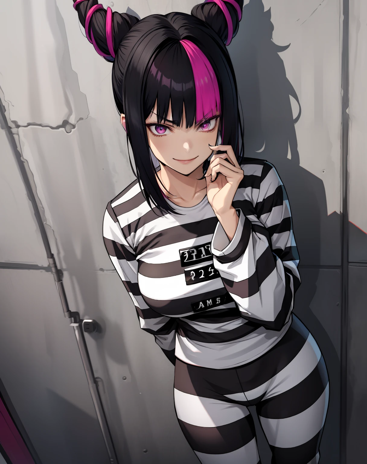masterpiece, best quality, 1girl, JuriMS, hair horns, multicolored hair, bangs,sadistic smile, seductive look, priclothes, striped clothes, prisoner, clothes, clothing, outfit, pants, long sleeves,