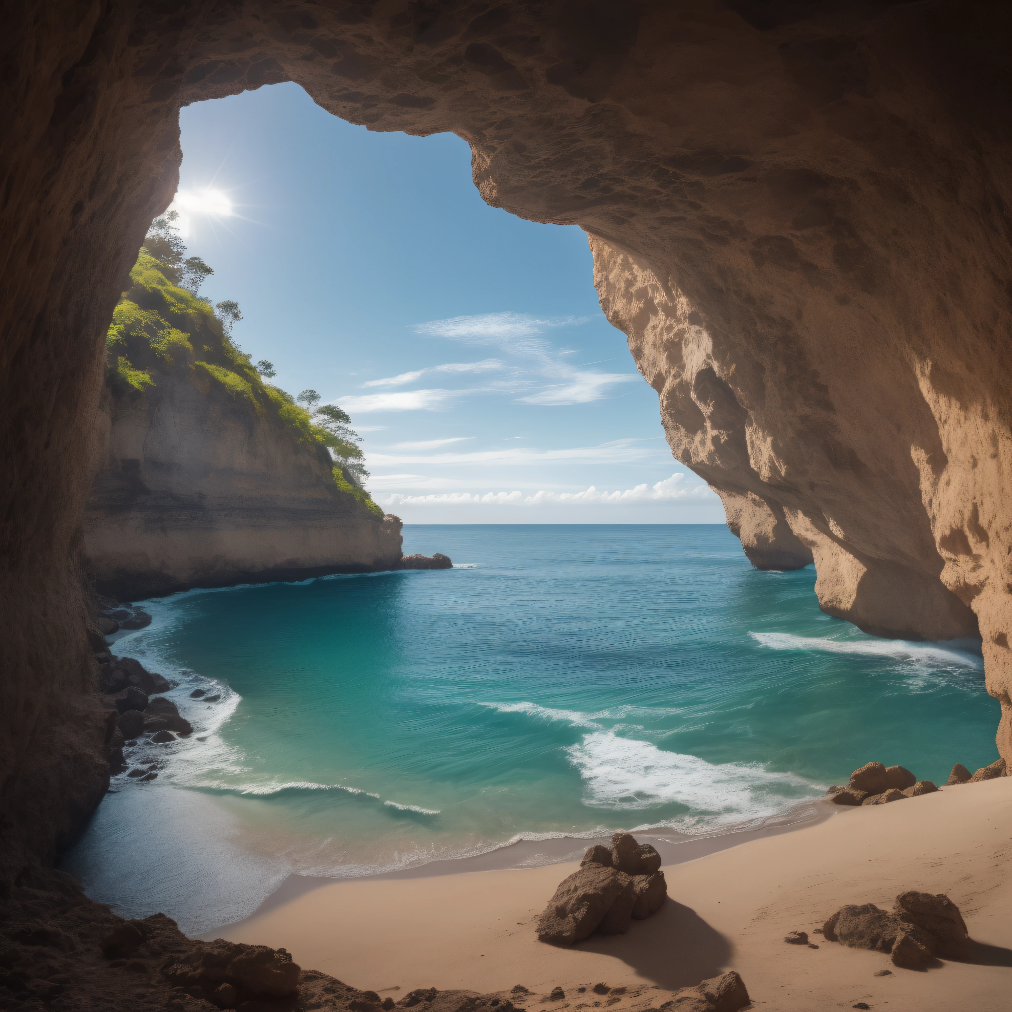 una vista cinematográfica del océano, desde la cueva