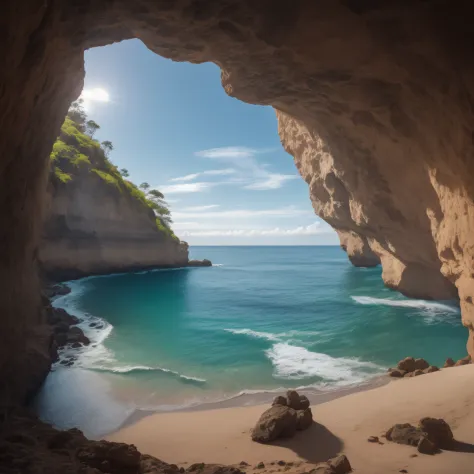 a cinematic view of the ocean, from cave