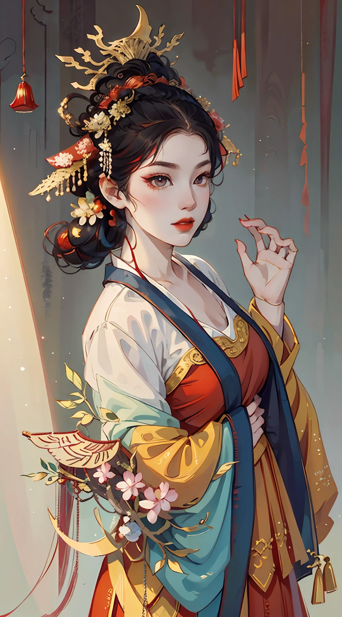 Chinese illustration, In the picture, An ancient woman dressed in red, The background is the lights of ten thousand homes, hair adornments, Depth of field, Cinematic lighting, god light, back lit lighting, High detail, hyper HD, Masterpiece, A high resolution