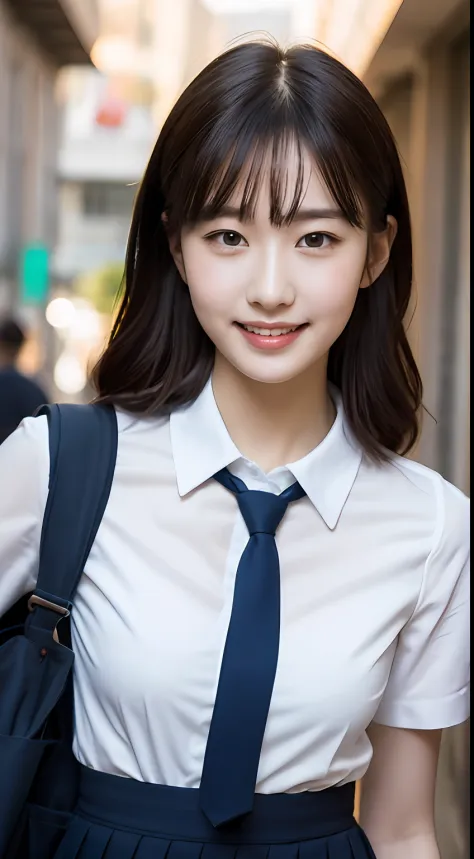Highly detailed 8k wallpaper), sharp focus, detailed, dramatic, delicate and beautiful schoolgirl, white shirt, navy blue ribbon collar, dark blue pleated micro mini, sexy, smile, peek at the viewer, graphics beautiful, bright school building, full of stud...