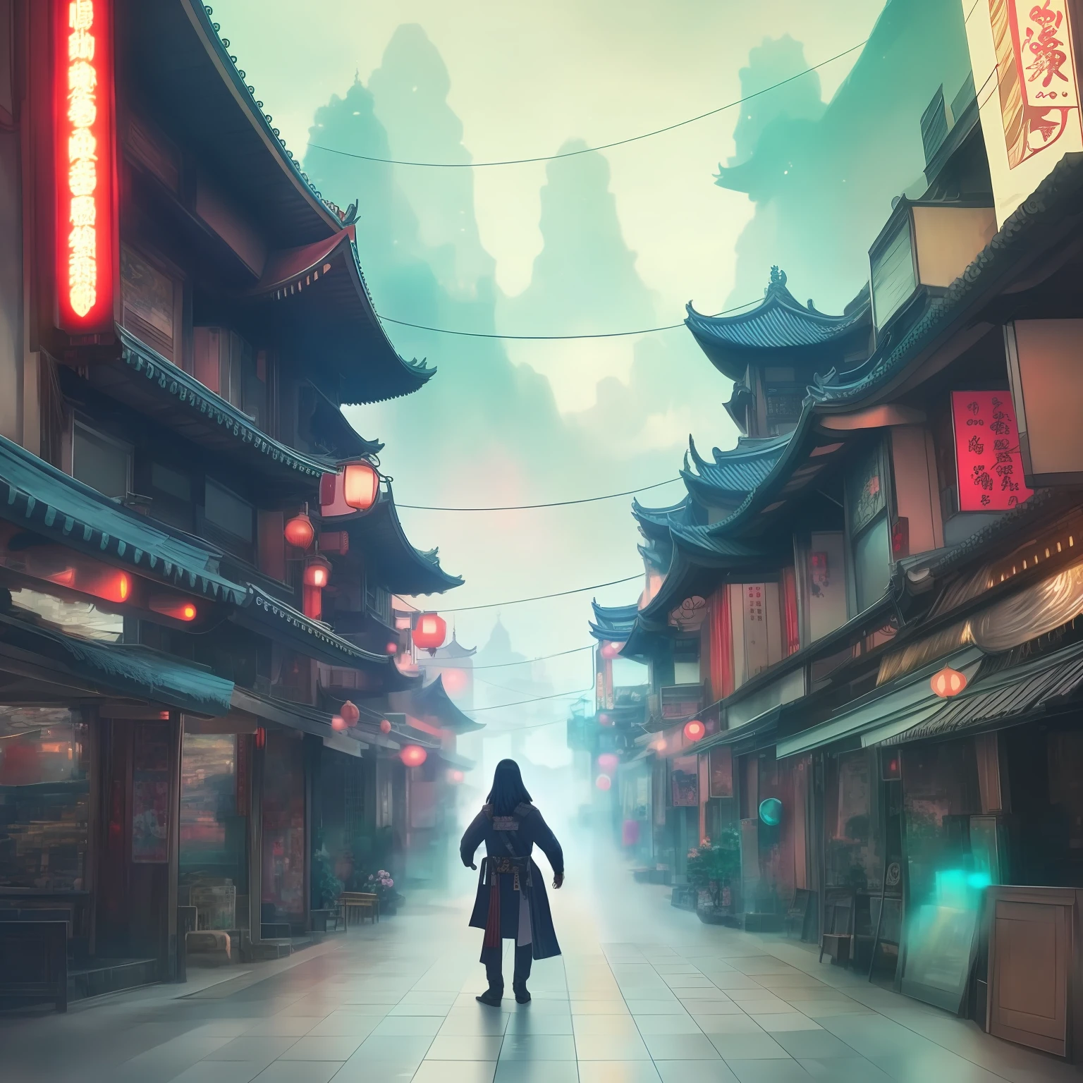 Uma paisagem de anime de uma cidade com muitos prédios e muita água, cidades chinesas de sonho, Cidade do Japão, castelo antigo chinês cyberpunk, cidade japonesa, templo japonês cyberpunk, Bela representação da Dinastia Tang, antiga resolução cyberpunk 8k, estilo andreas rocha, arte conceitual | Feng Zhu, ，Um homem de cabelos compridos, com uma fantasia de época e uma espada nas costas, estava à distância，Apenas a parte de trás é vista，Vento antigo，estilo antigo，Representação da visão，o estilo aquarela，pintura a tinta e aquarela，Vento de paisagem --auto