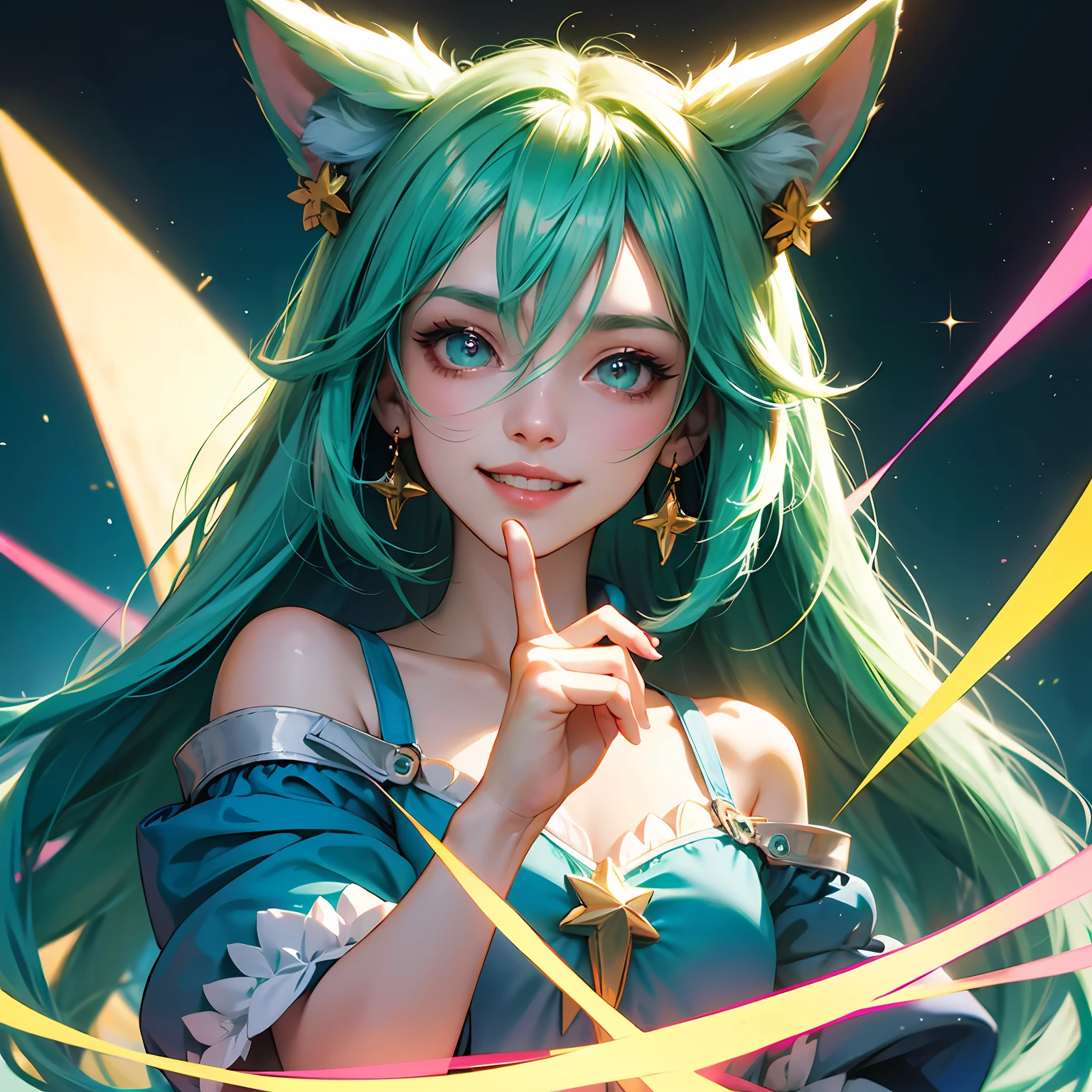 one-girl, Blue-green  hairs, Blue-green eyes, There is a golden five-pointed star next to the left eye, There are cross-shaped earrings on the ears, Wear a casual pink sweatshirt, Heart-shaped pupils, long eyelasher, kemonomimi mode, Light smile, 4K , light smile, Anime style, rococo style, High details, Best quality --auto