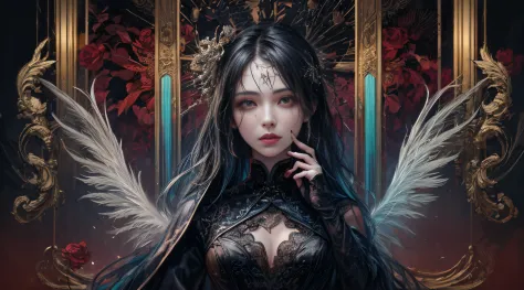 （tmasterpiece，best qualtiy，realisticlying：1.37），（Complex and sophisticated，Highly detailed skin and face），Beautiful vampire queen in black dress suite，Wrapped in a luxurious dark hooded robe，Dark roses adorn her fabric，（head gear，rosette，Skull decoration，r...