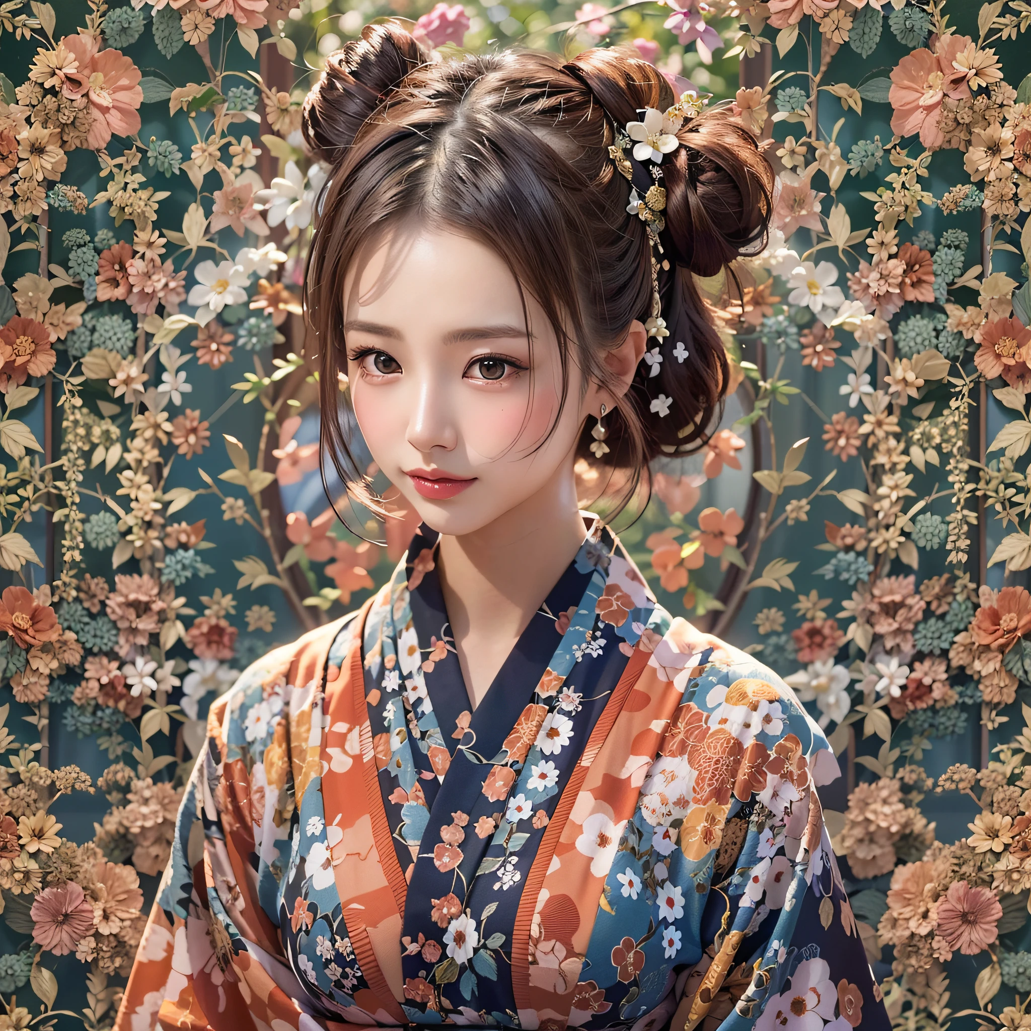 symmetrical, Compositions with coloful geometric arabesque patterns, (Bun hair, dark brown hari), (top-quality, Photorealsitic:1.4, masterpiece:1.3, RAW Photography:1.2, cinematric light, very detailed illustration), (1woman:1.3, solo), (asian girl, ultra delicate face, ultra Beautiful fece, ultra delicate eyes, ultra detailed nouse, ultra detailed mouth, ultra detailed facial features), petite woman, (midium breast:1.3), from the front side, skiny, lipgloss, a smile, japanese kimono