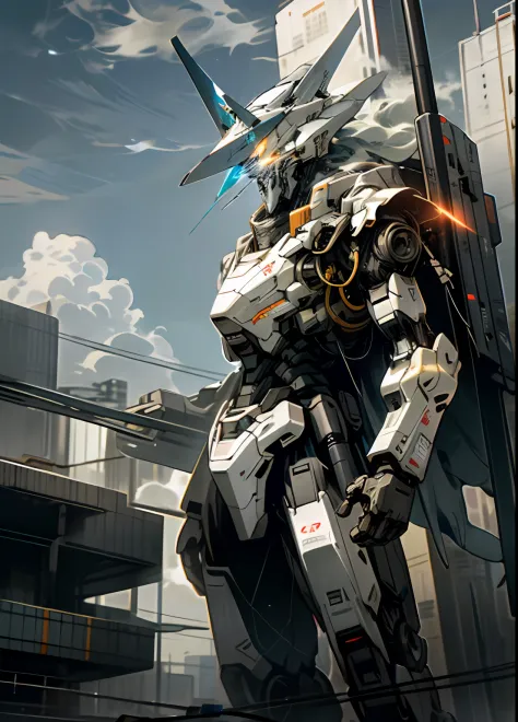 Skysky，​​clouds，holding_weapon，no_humans，with light glowing，，droid，High-rise buildings，glowing_eyes，mecha，scientific fiction，城市，Realistis，mecha