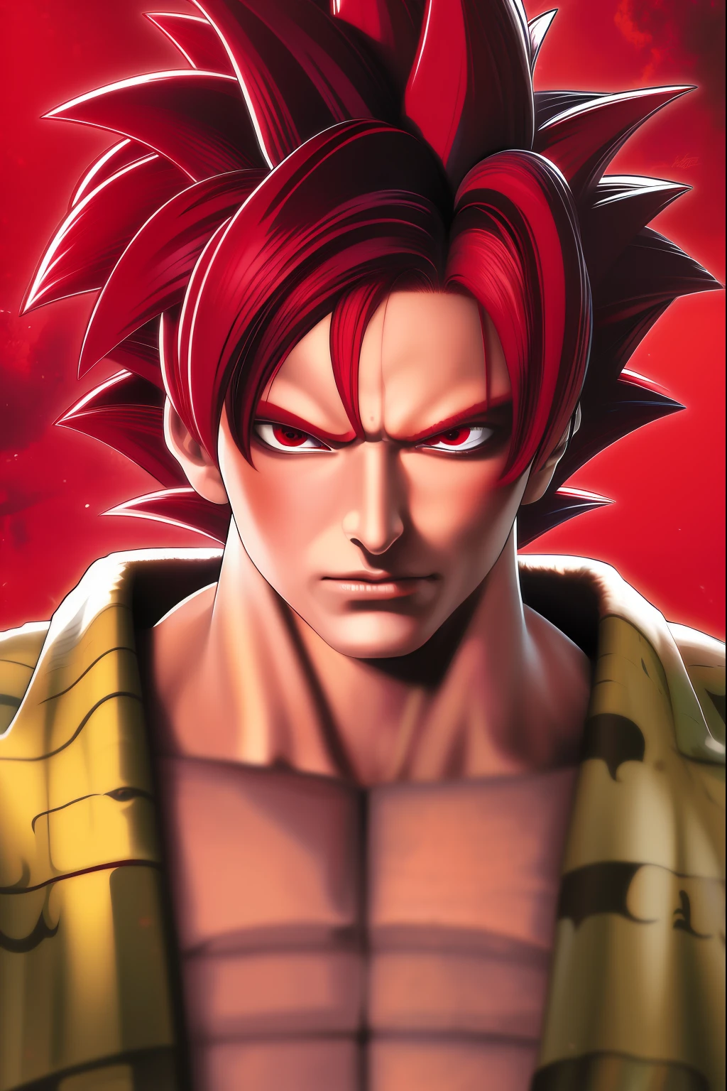 Best quality, Masterpiece, (Realistic:1.2), son_Wukong, Super_saiyan_Red, Red_Hair, Red_Eyes, Angry+face, Blue_aura background, Portrait,  kamekame ball