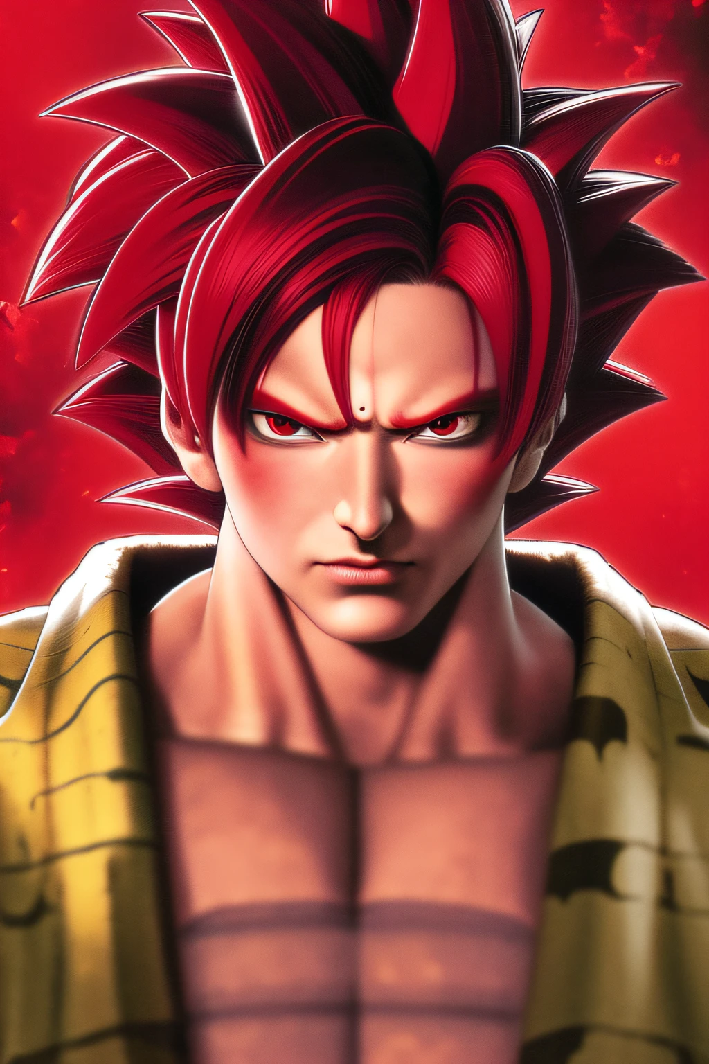 Best quality, Masterpiece, (Realistic:1.2), son_Wukong, Super_saiyan_Red, Red_Hair, Red_Eyes, Angry+face, Blue_aura background, Portrait,  kamekame ball