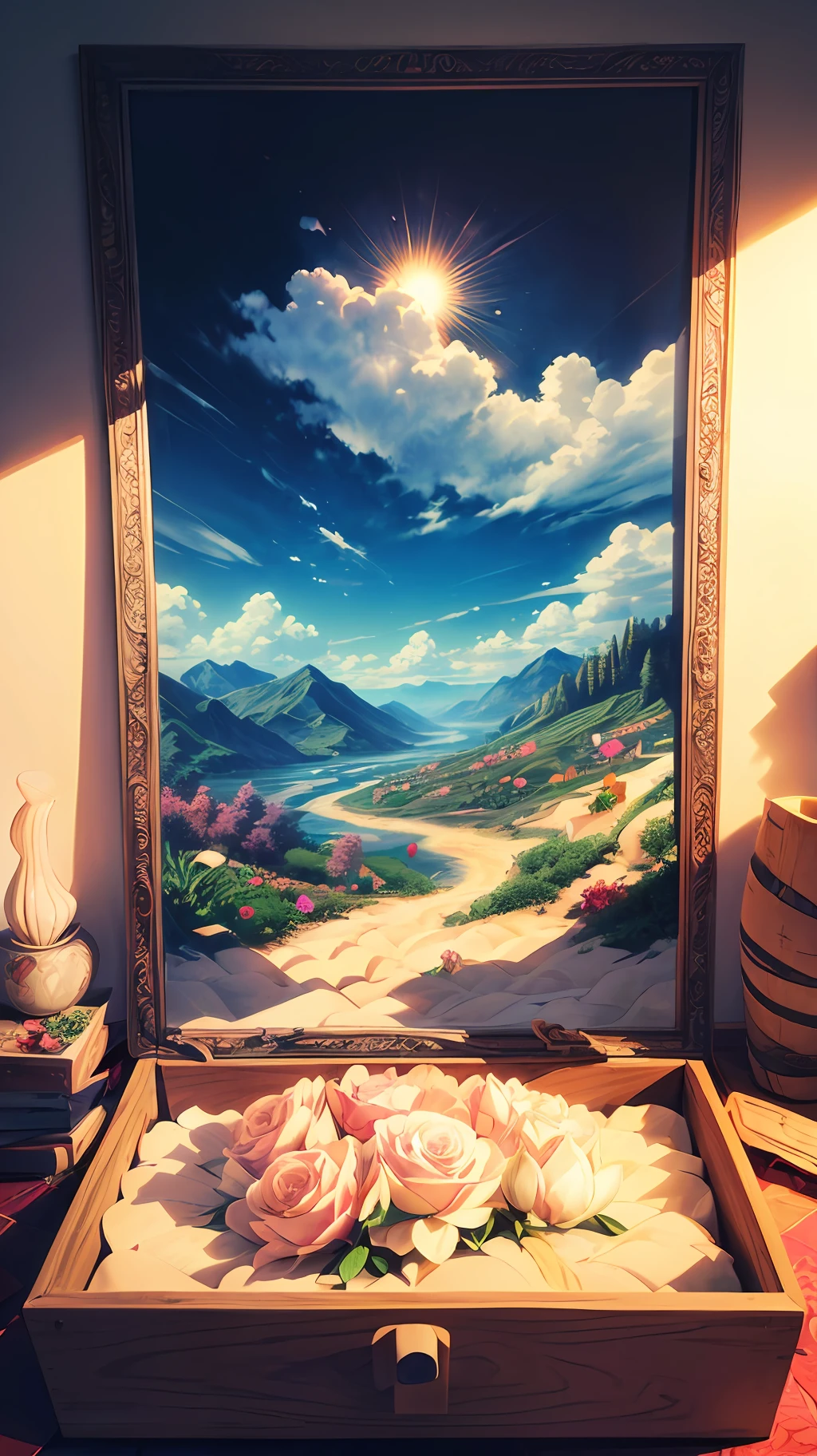 (sandbox:1.4),Movie Angle,(Sun, White clouds, Mountains, ln the forest, rivers),(paper art,Quilted paper art,geomerty),(Extremely colorful, Best quality, Detailed details, Masterpiece, offcial art, movie light effect, 4K, Chiaroscuro)，Rose roses，Peach blossoms，Peonies，Tulip tuli，
