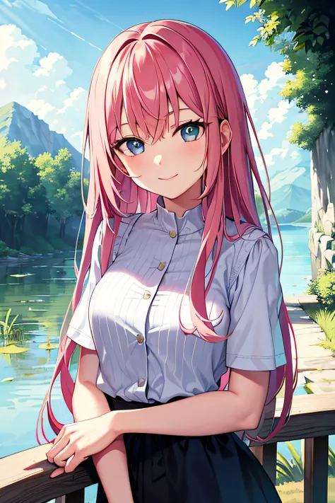 masterpiece, best quality, 1girll, upper body, nature, reeds, full bloom, light smile, long hair, pink hair, blue eyes, angle of...