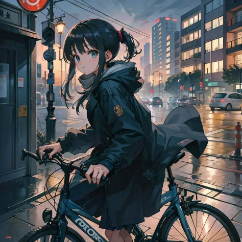 illustratio、bicycle、girl with、Oversized coat、early evening --auto