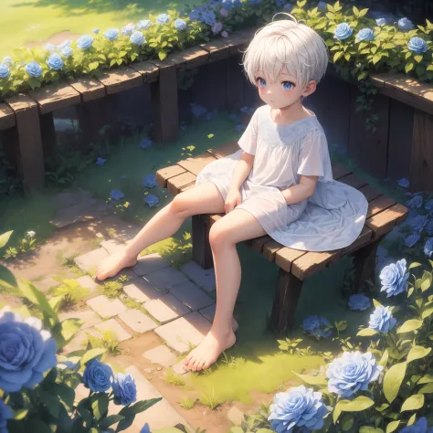 (4K), little boy with white hair and barefoot and white clothes small tiny feet, He sits on a flower field, which is covered wit...