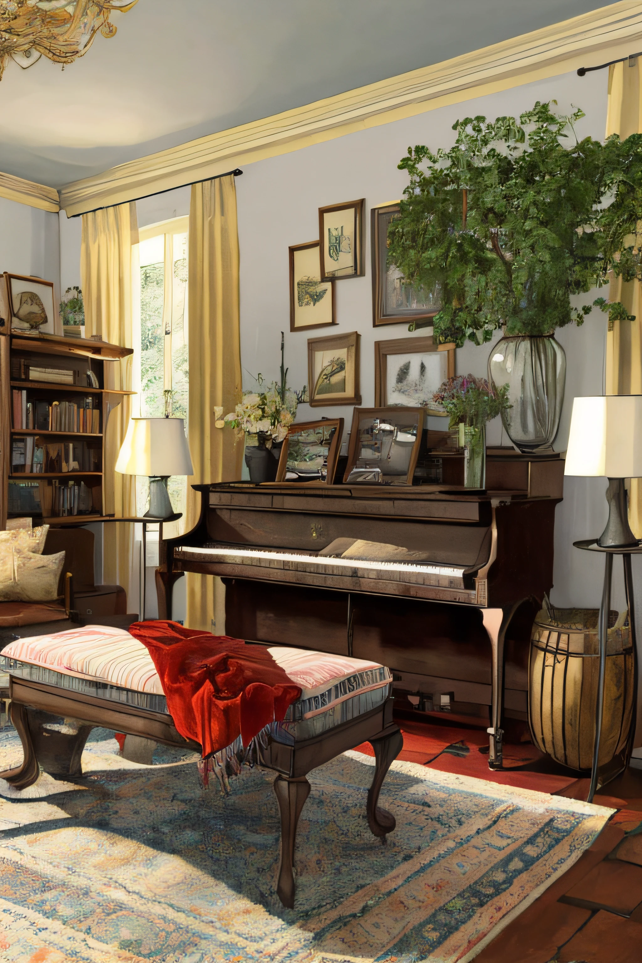 Beautiful rendering of a grandfather's living room that tastes a wine of excellence, sozinho em pouca luz, numa sala com um piano e com uma coruja atenta, Realistic: 1:2, disco Rigido, 8k, detalhes finos, fotografia, fotografia, cobrir, Fruit, flor, Spirit, Luz