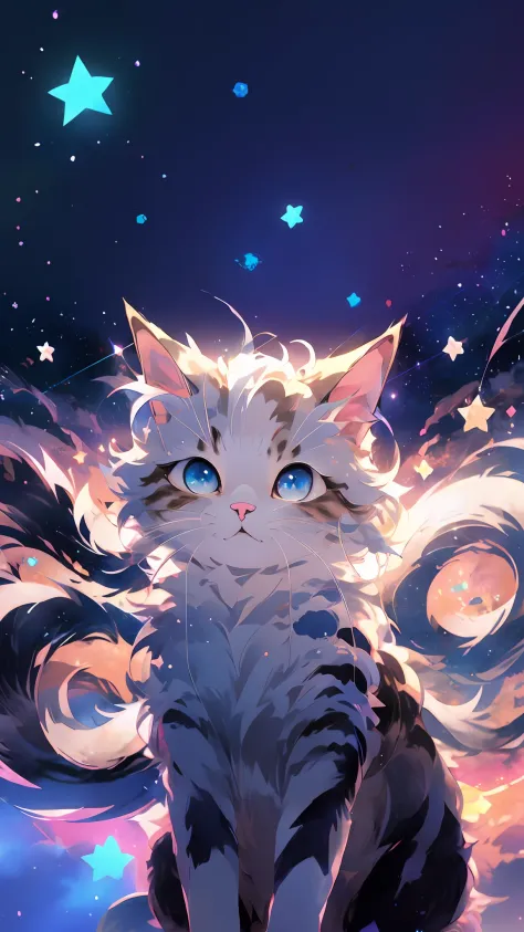 Anime cat with blue eyes and stars in background, anime cat, Anime art wallpaper 4 K, Anime art wallpaper 4k, realistic anime ca...