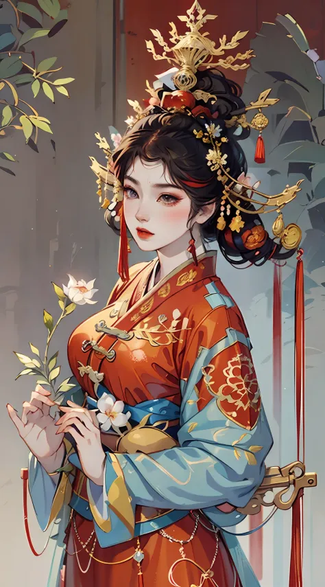 illustration in ancient chinese style, in the picture, an ancient woman dressed in red, the background is the lights of ten thou...