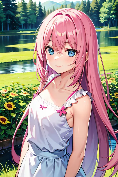 masterpiece, best quality, 1girll, upper body, nature, reeds, full bloom, light smile, long hair, pink hair, blue eyes, angle of...