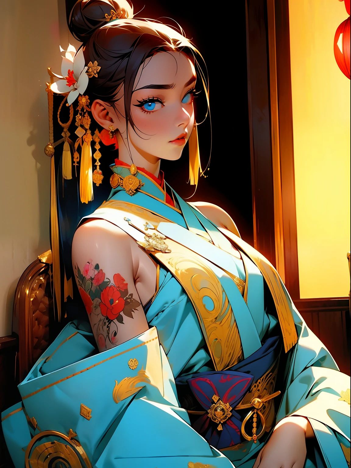（masterpiece best quality：1.4），1girll， （Chinese text tattoo：1.5）， solo， hair flower， long whitr hair， eBlue eyes， looking at viewert， mediuml breasts， Tattooed with， brunette color hair， nipple tassels， exposed bare shoulders， By bangs， 耳Nipple Ring， inside in room， nape， cropped shoulders， jewely， eyeslashes， cparted lips， contours， hair-bun， nipple piercing， single hair bun，Blue and gold embroidered clothes，Japanese-style family environment