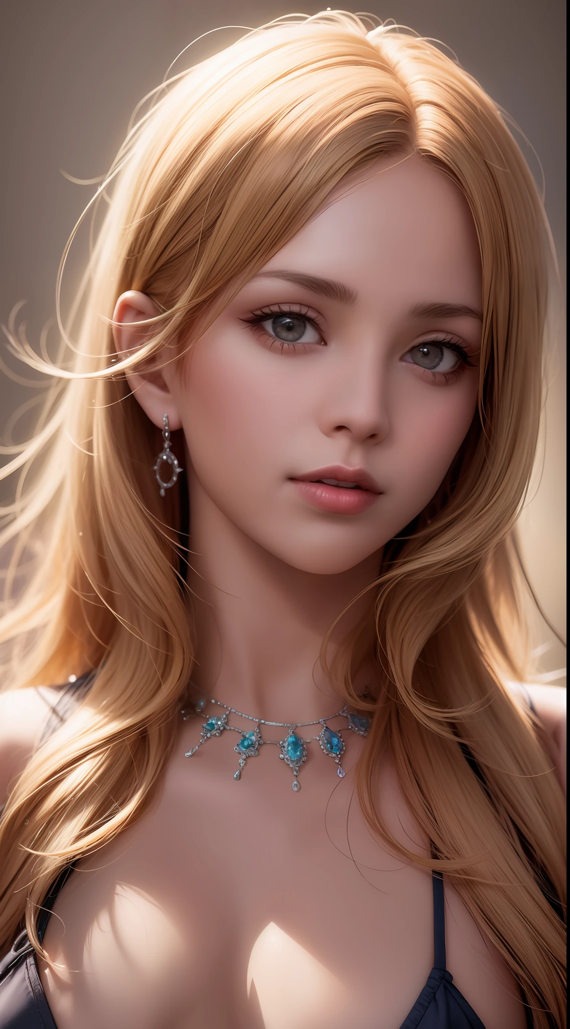 best quality, masterpiece, high_res, 1girl, hair ornament, necklace, jewelry, Beautiful face, upon body, tyndall effect, photo realistic, dark studio, rim lighting, two tone lighting, (high detailed skin:1.2), 8k uhd, dslr, soft lighting, high quality, volumetric lighting, candid, Photograph, high resolution, 4k, 8k, Bokeh, medium breasts, open fingers, (hair color:blonde:1)