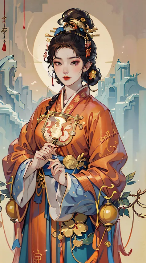 illustration in ancient chinese style, in the picture, an ancient woman dressed in red, the background is the lights of ten thou...