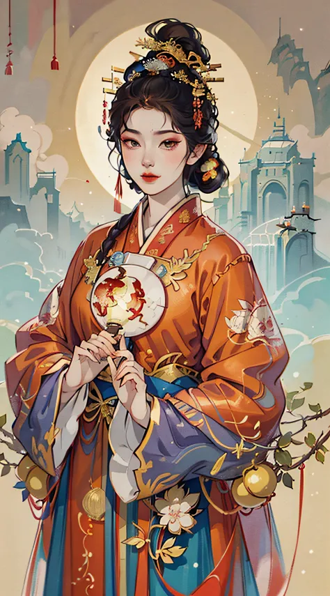 Illustration in ancient Chinese style, In the picture, An ancient woman dressed in red, The background is the lights of ten thou...