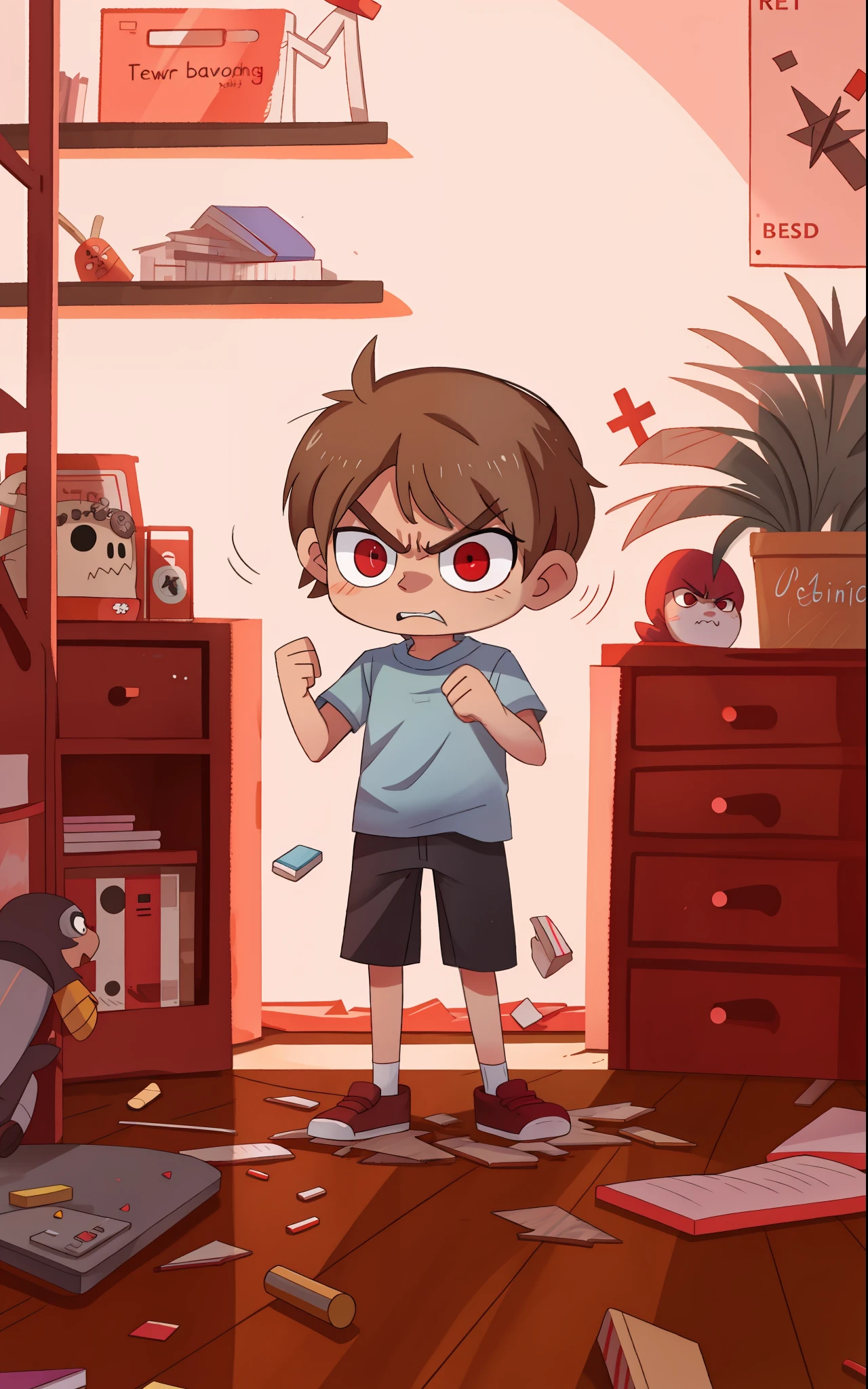 Angry boy throws things in the red room，（Expression of anger），Destroyed