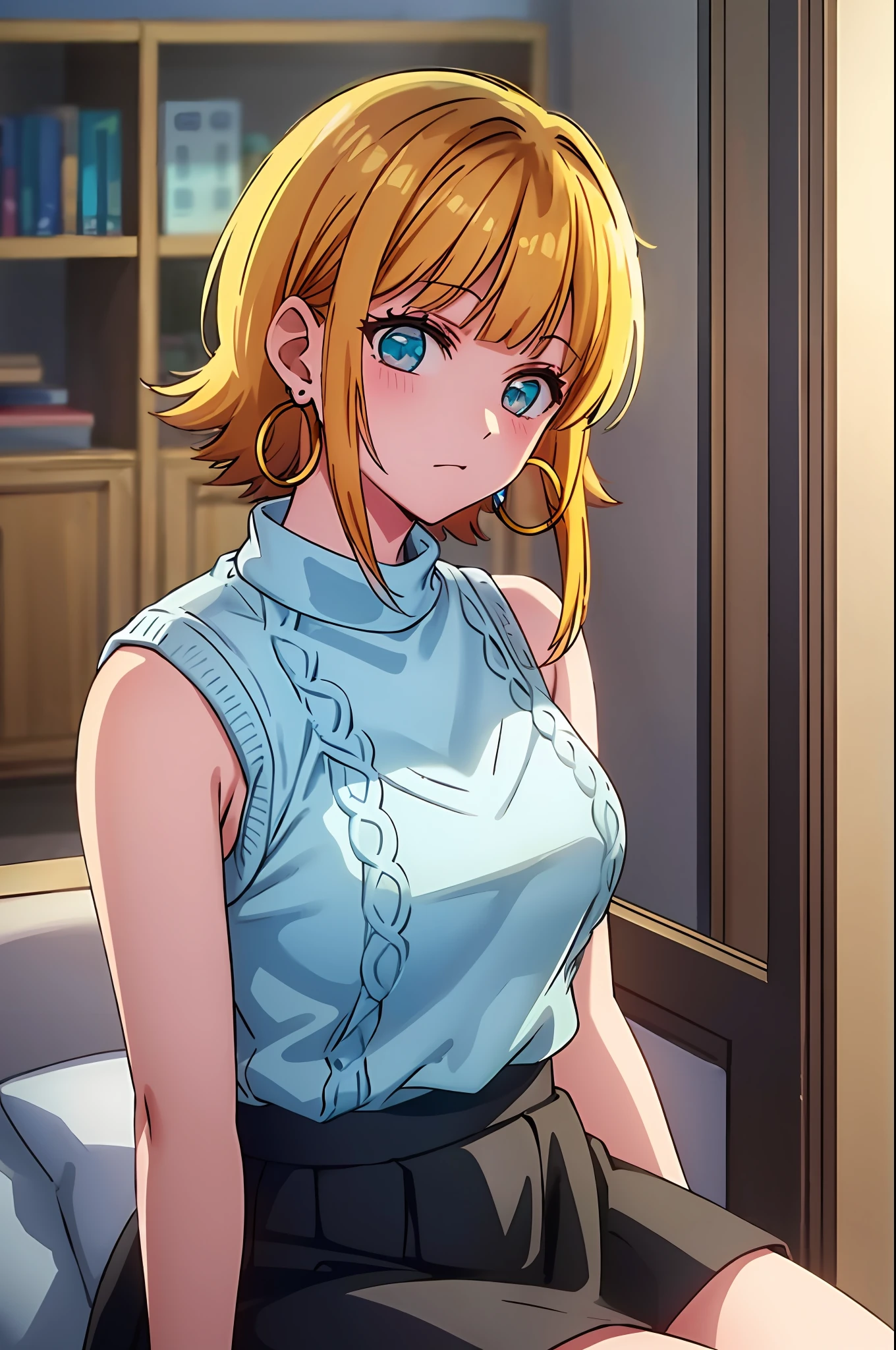 ​masterpiece, hightquality, Hi-Res, MEMcho, Indoors, cowboy  shot, Black skirt, The shirt, off shoulders, off-the-shoulder sweater, (Light blue sweater:1.2), sleeveless shirts, High Neck Sleeveless Shirt, Black shirt, Sweaters, Sweater sleeve wrist too much, sitting on, hoop earrings,animesque、a blond、Only the head is black