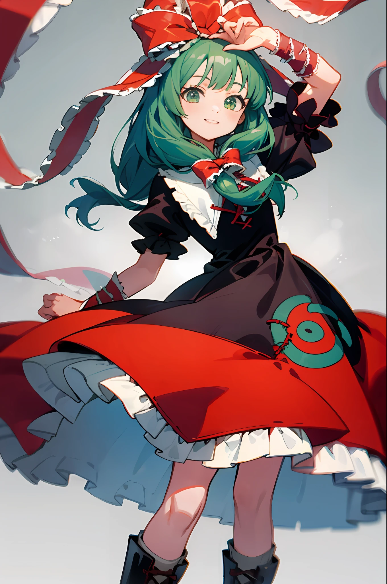 masterpiece, bestquality,  1girls,Kagiyama Hina, a green hair, green eyes, Front horsetail, dress, ribbons, boots, Red Dresses, frills, hair ribbons, Arm ribbon, short sleeves, long-haired, bow, Hair Bow, grey background, looking at the audience, puffy sleeves, puffy short sleeves, smile, simple background, Red Ribbon, Pleated ribbon, (KBXLL:0.6) , cowboy shot, Lively images