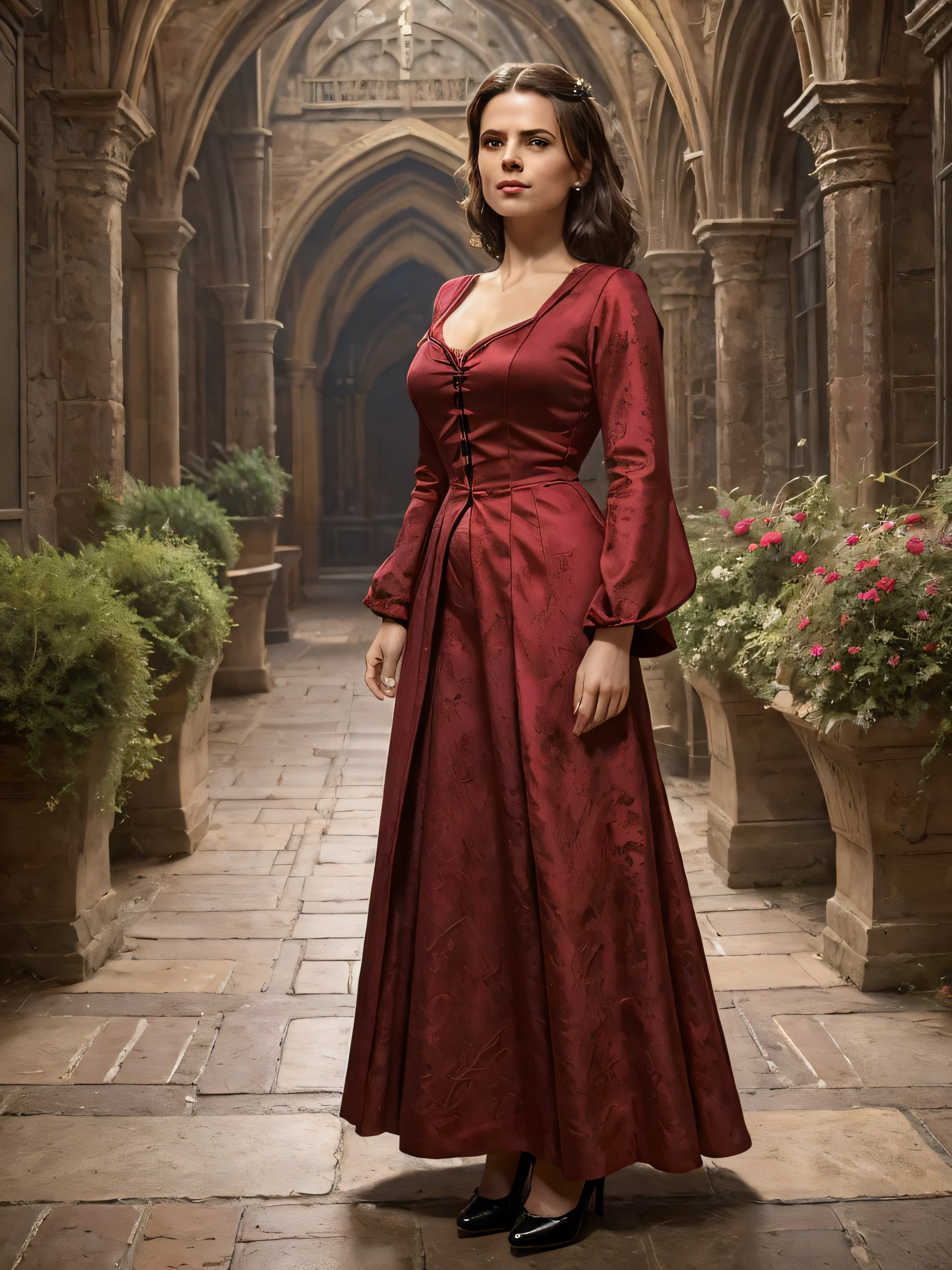 (Thirty year old) woman, standing, wearing a (floor length scarlet red Victorian dress:1.2), beautiful legs, dreamy photo, looking straight at camera, slight smile, blood red lips, dark eye make-up, beautiful gothic building, cloisters, Victorian gothic, gothic architecture, misty, andre kohn, Canon, (Detailed features::1.2), real life. Hayley Atwell, intricate, 8k, highly detailed, (extremely detailed CG unity 8k wallpaper), ((square jaw)), (well defined jaw), (downturned lips), (detailed anatomy), Hyperrealistic full shot body image, trending on CGSociety, Intricate, High Detail, Sharp focus, dramatic, volumetric lighting, digital painting, intense, modelshoot style, (extremely detailed CG unity 8k wallpaper), full shot body photo of the most beautiful artwork in the world, pearl skin, professional majestic oil painting by Ed Blinkey, Atey Ghailan, Studio Ghibli, by Jeremy Mann, Greg Manchess, Antonio Moro, trending on ArtStation, photorealistic painting art by midjourney and greg Rutkowski