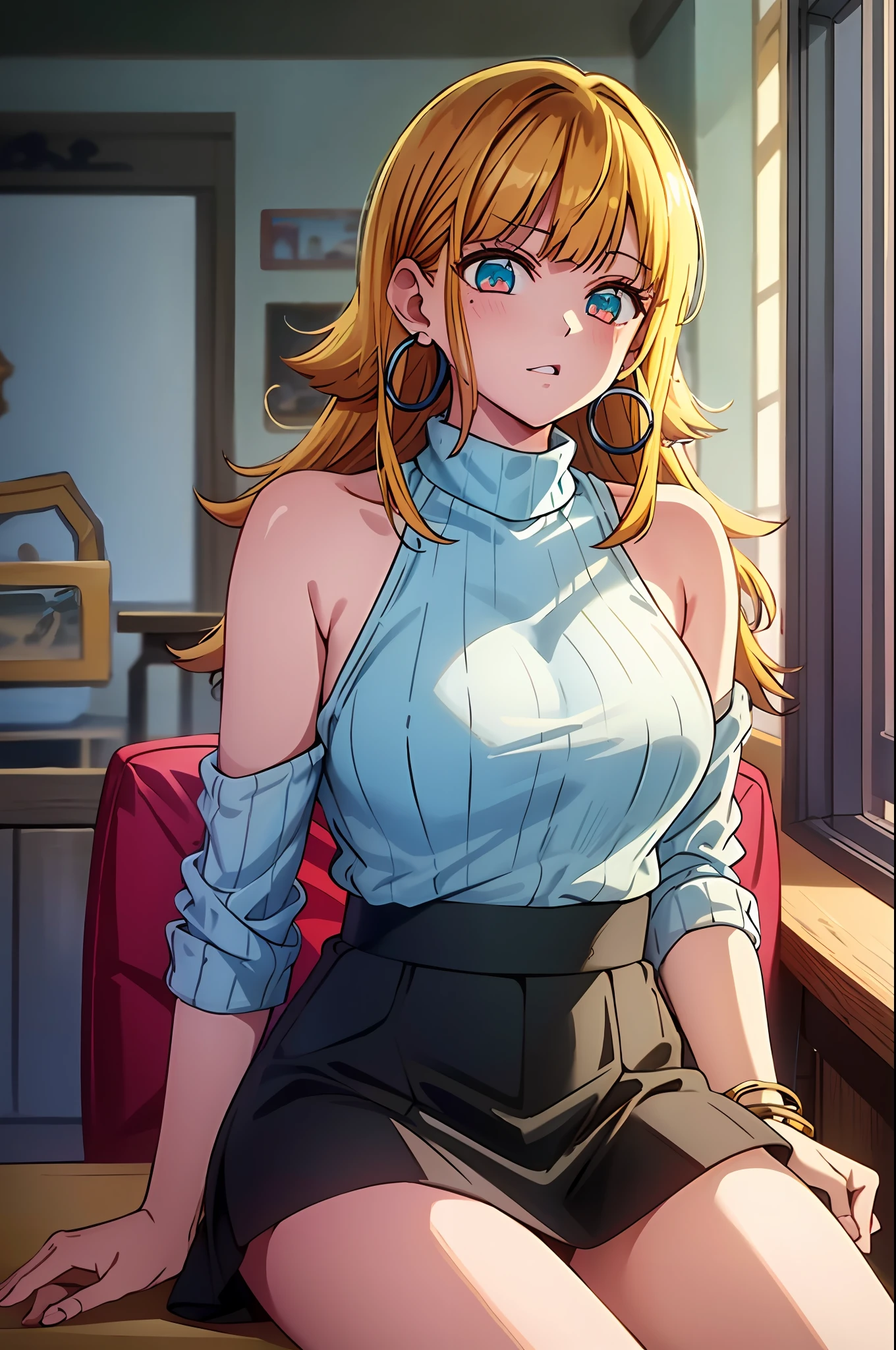 ​masterpiece, hightquality, Hi-Res, MEMcho, Indoors, cowboy  shot, Black skirt, The shirt, off shoulders, off-the-shoulder sweater, (Light blue sweater:1.2), sleeveless shirts, High Neck Sleeveless Shirt, Black shirt, Sweaters, Sweater sleeve wrist too much, sitting on, hoop earrings,animesque、Blonde top black