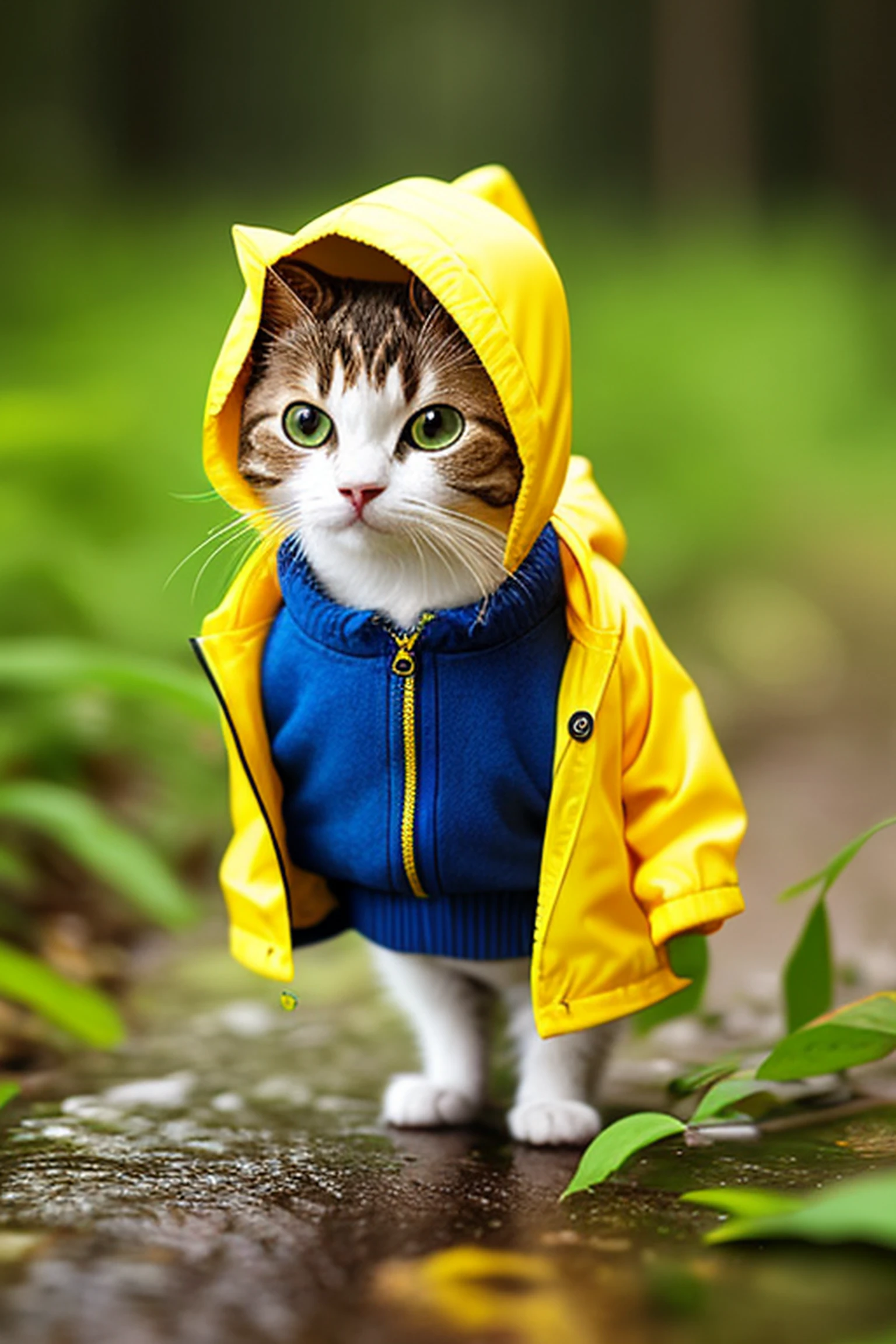 girl, CircuitBoardAI, tiny cute (happy1.4) cat in a (yellow raincoat1.3) in the woods, rain, a character portrait, Tilt-shift, bokeh