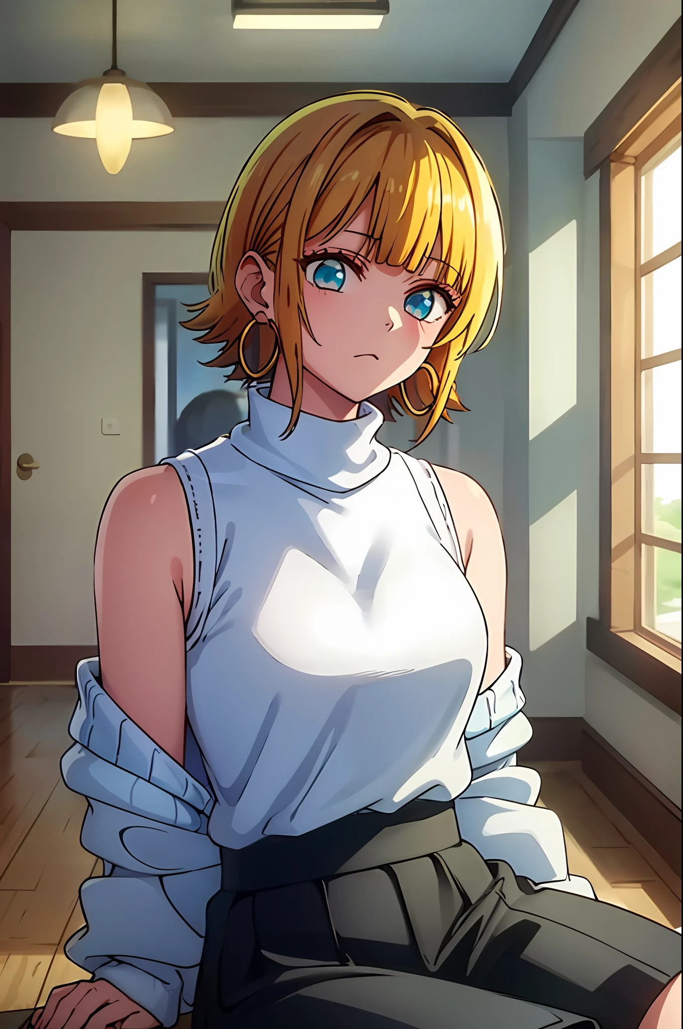 ​masterpiece, hightquality, Hi-Res, MEMcho, Indoors, cowboy  shot, Black skirt, The shirt, off shoulders, off-the-shoulder sweater, (Light blue sweater:1.2), sleeveless shirts, High Neck Sleeveless Shirt, Black shirt, Sweaters, Sweater sleeve wrist too much, sitting on, hoop earrings,animesque、a blond、Only the head is black