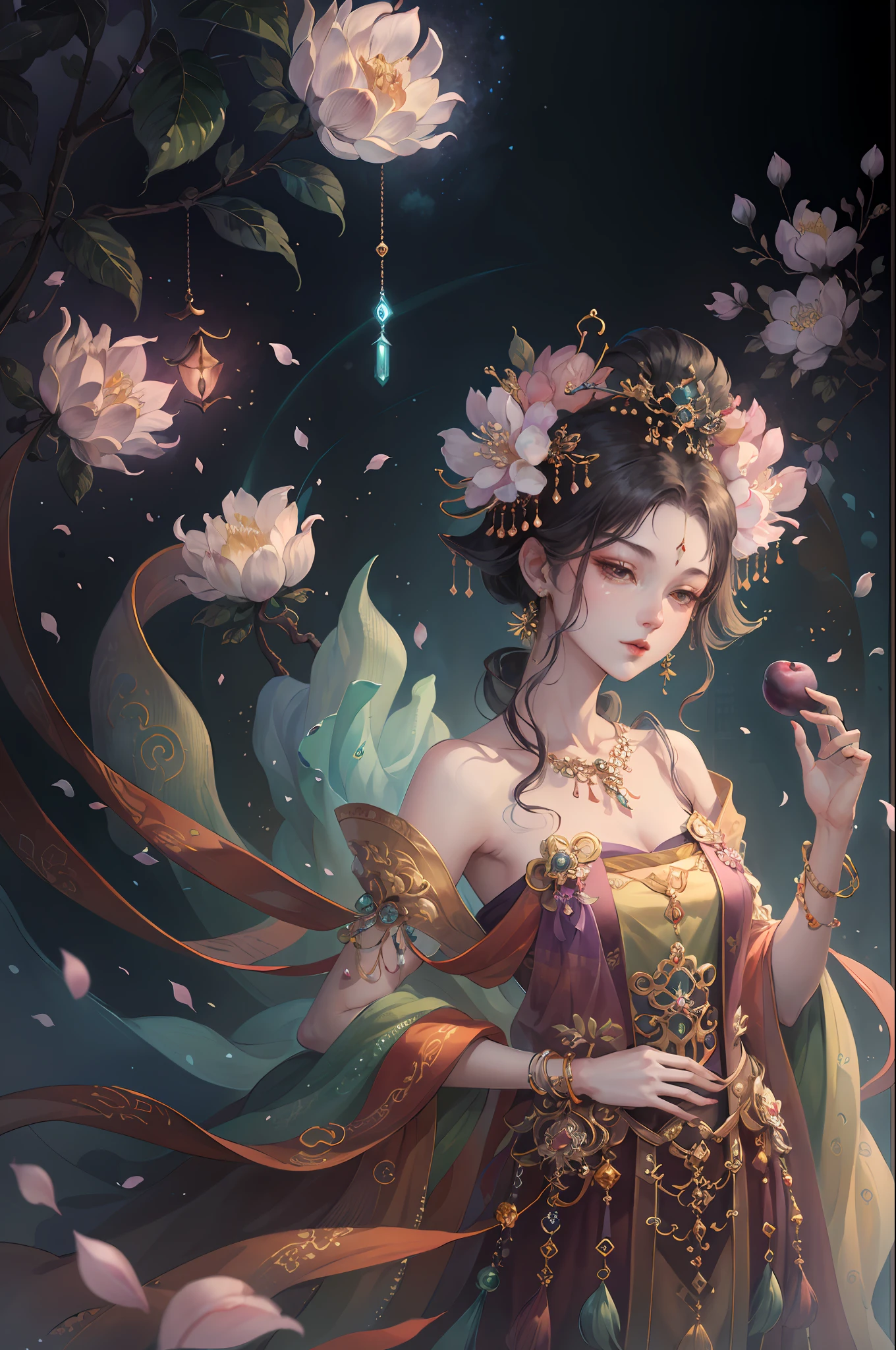 Original，（illustratio：1.1），（best qualtiy），（tmasterpiece：1.1），（the Extremely Detailed CG Unity 8K Wallpapers），（a color：1.2），Plum blossom god，goddes，ancient costume，jewely，Plum petals，scenecy，rios|Wagas，